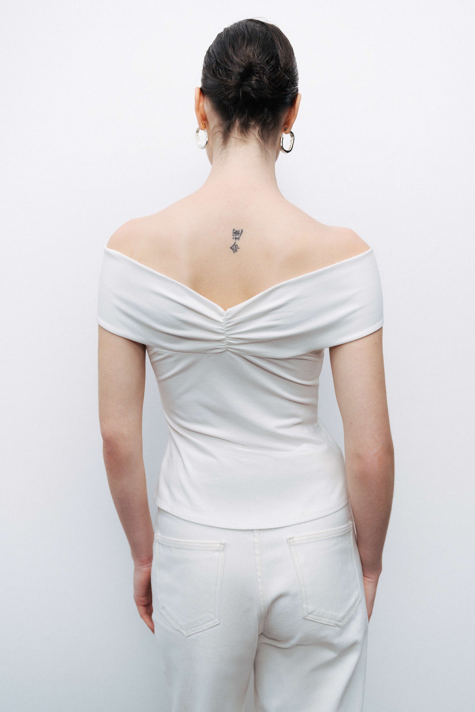 Ecru Twist Detail Open Shoulder Blouse