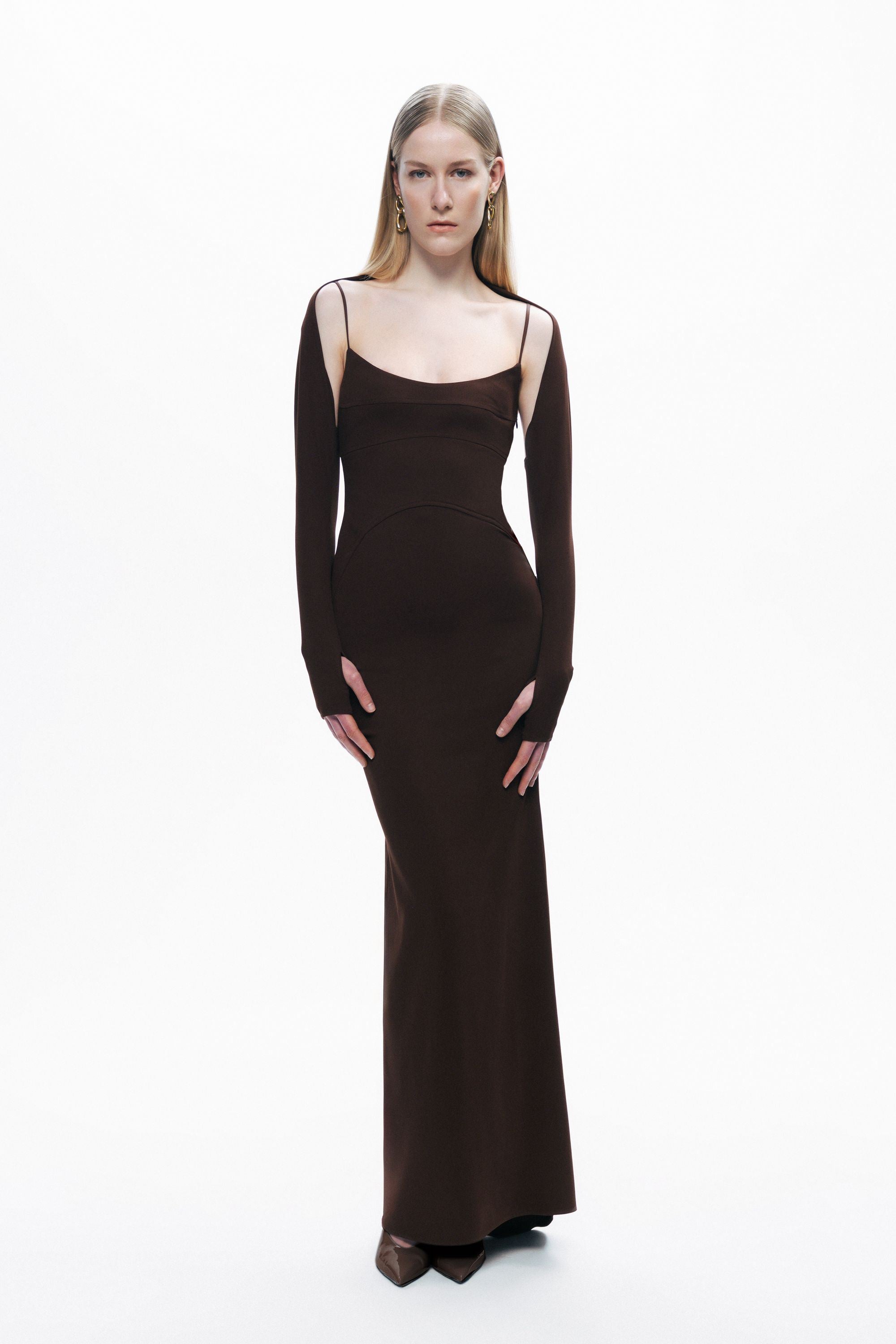 Brown Maxi Dress with Glove Accessory