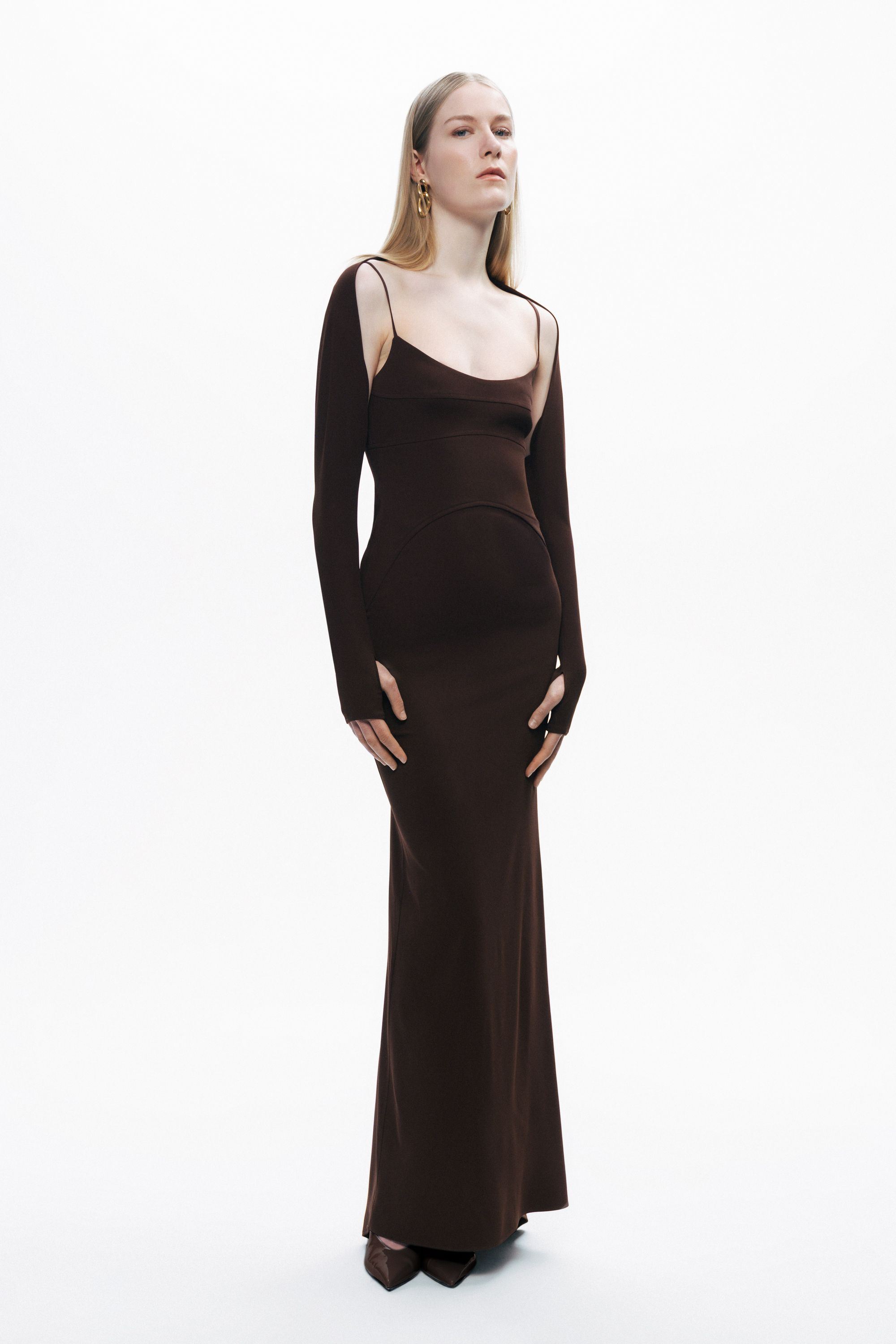 Brown Maxi Dress with Glove Accessory