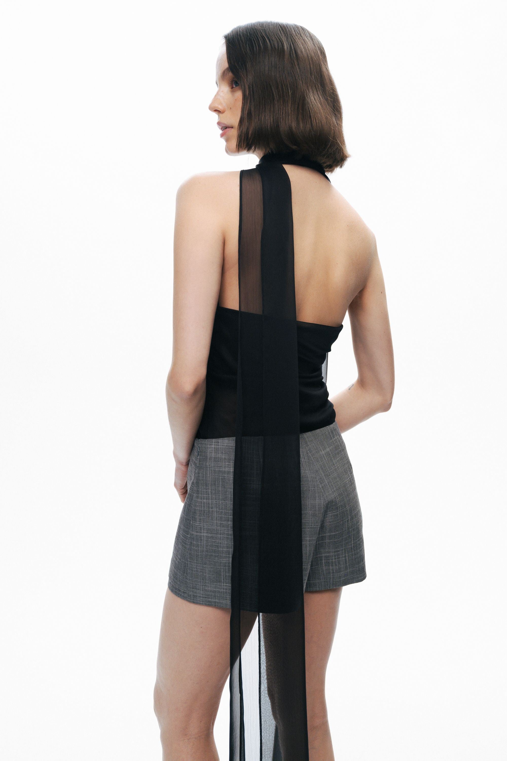 Black Shawl-Inspired Open Back Blouse