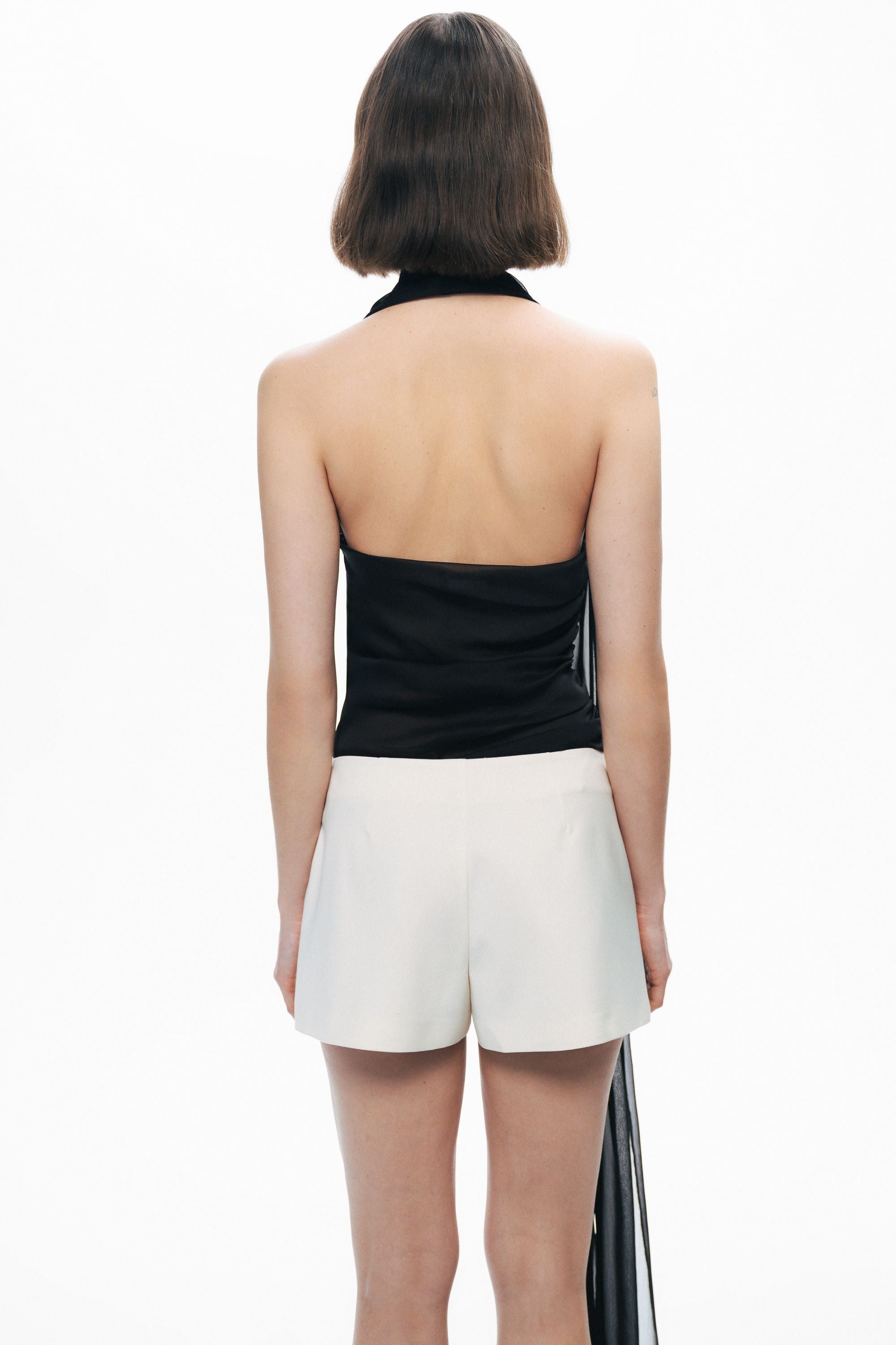 Black Shawl-Inspired Open Back Blouse
