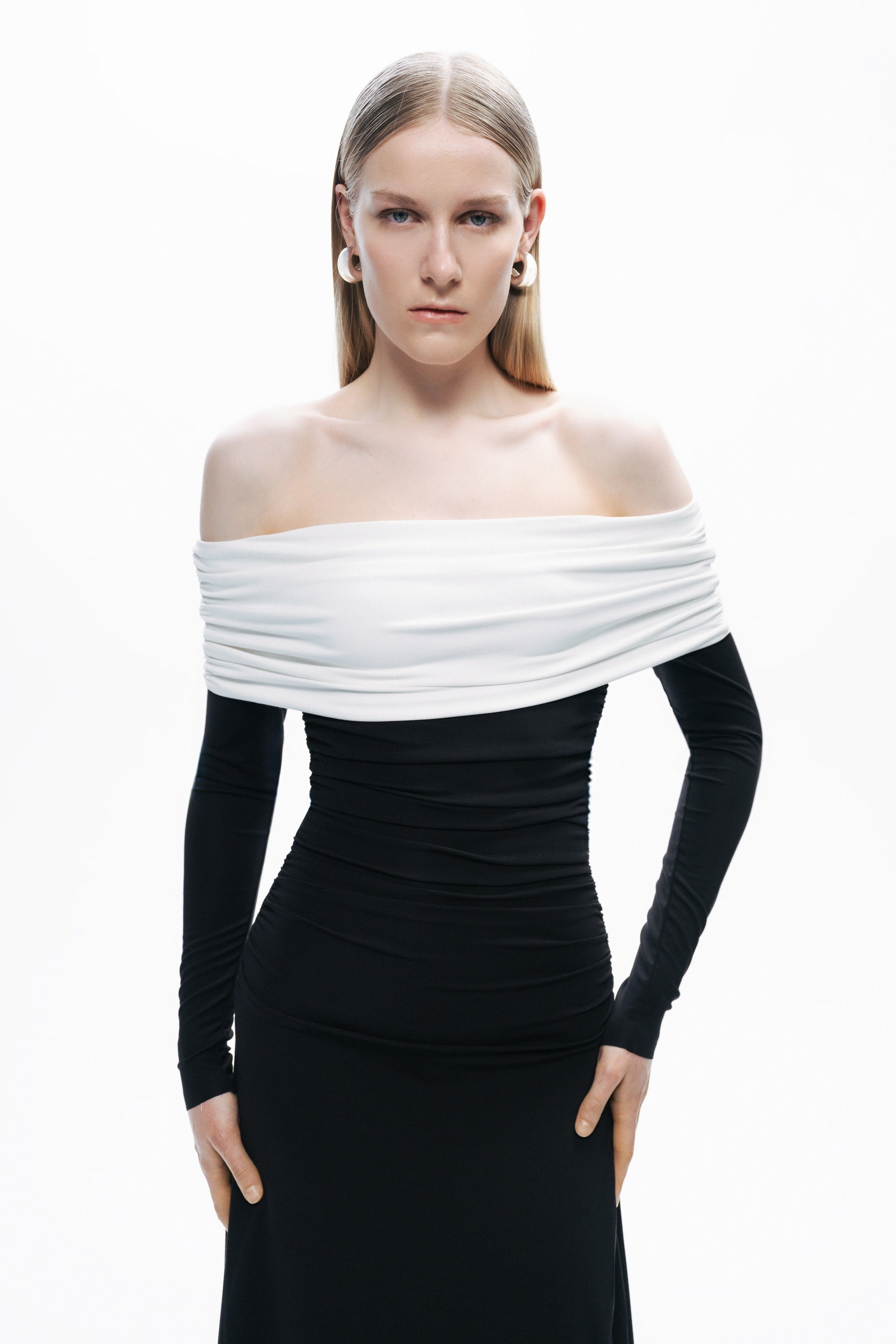 Black and White Open Shoulder Maxi Dress