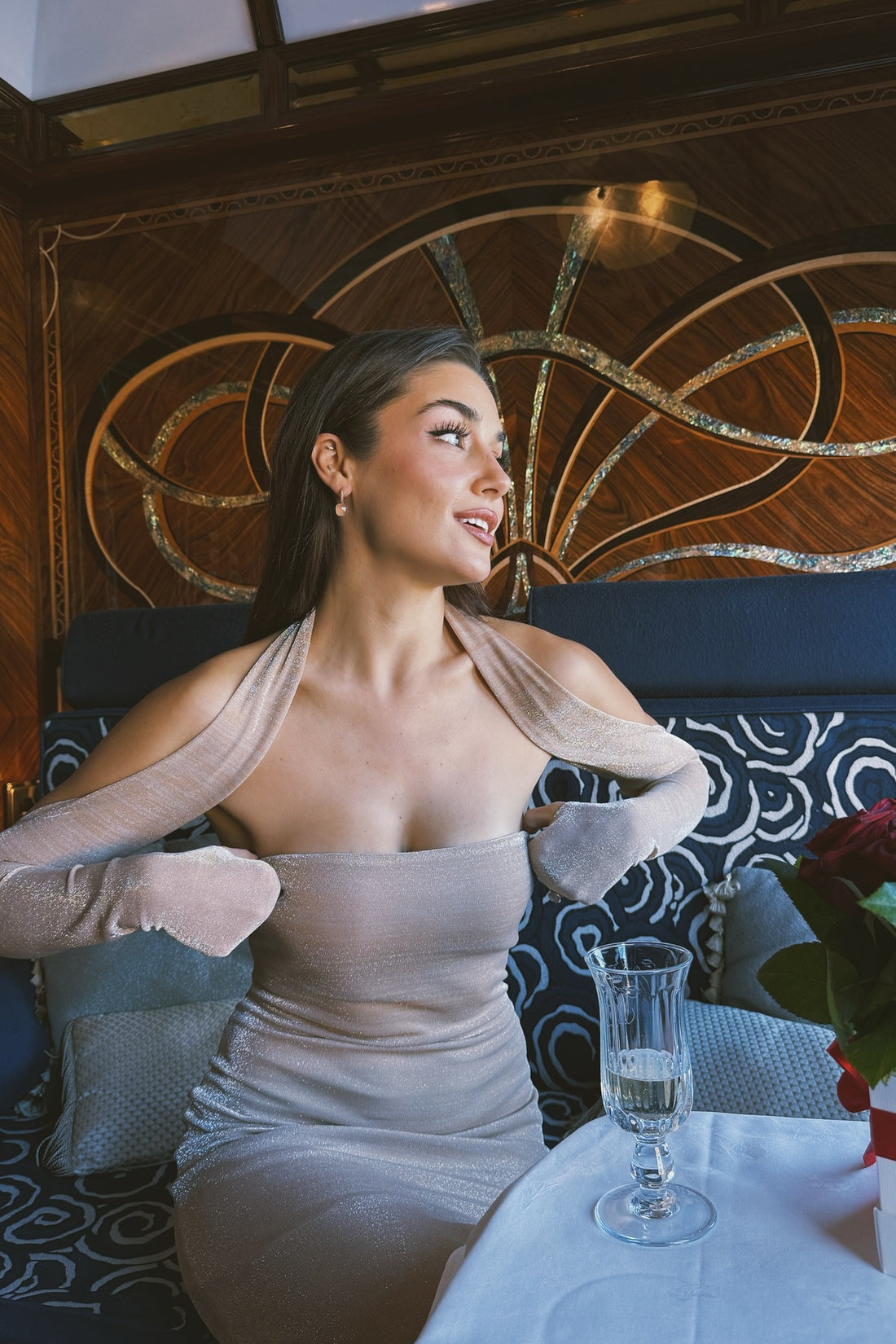 Gold Strapless Maxi Dress with Glove Accessory