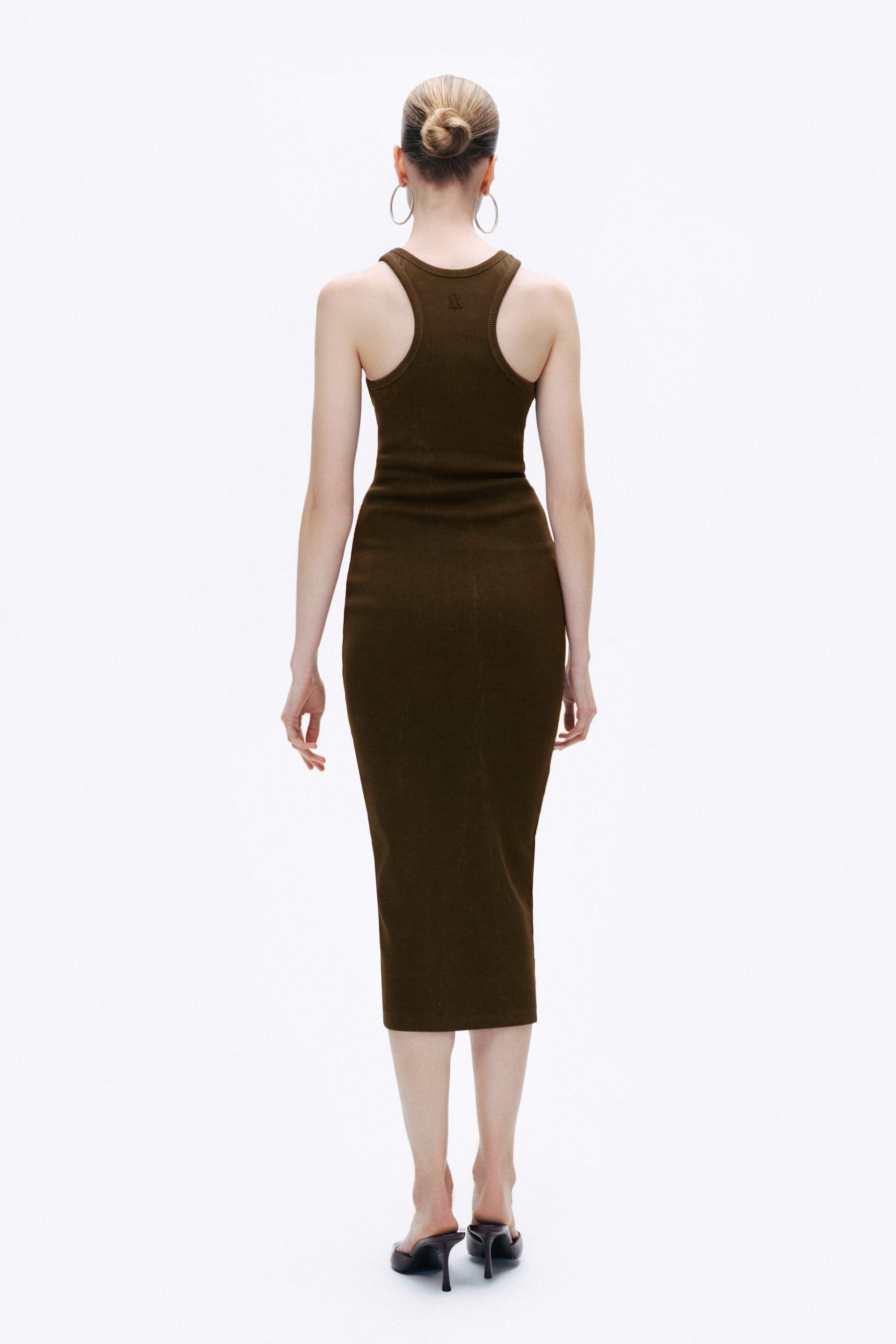 Coffee Printed Detail Maxi Bodycon Dress