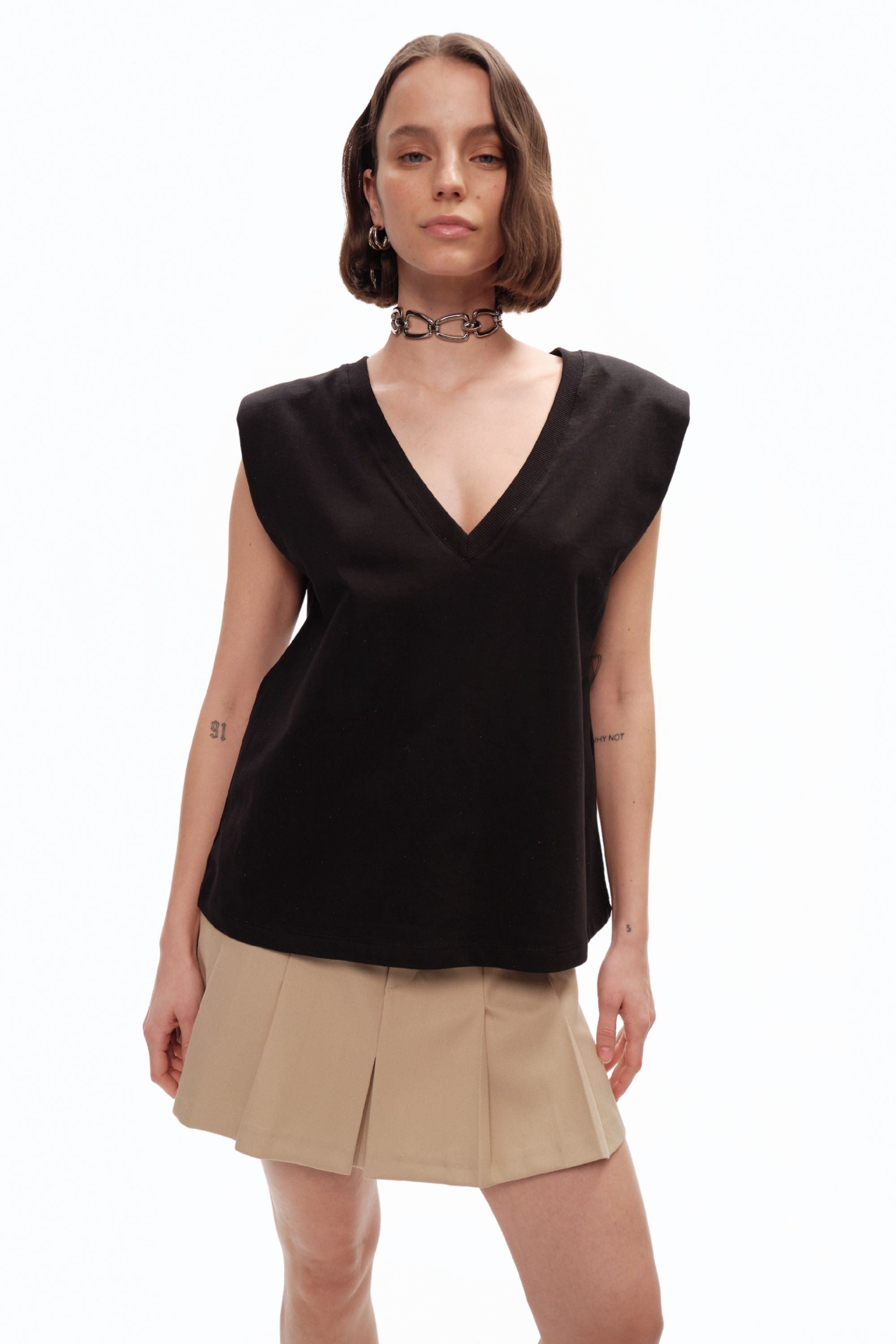 Black V-Neck Padded T-Shirt