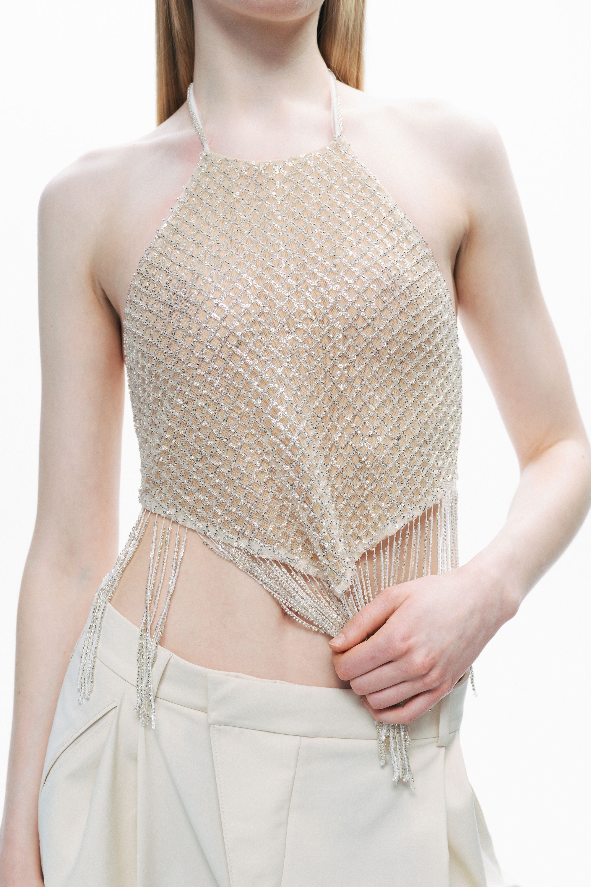 Gold Beaded Tassel Detailed Crop Top