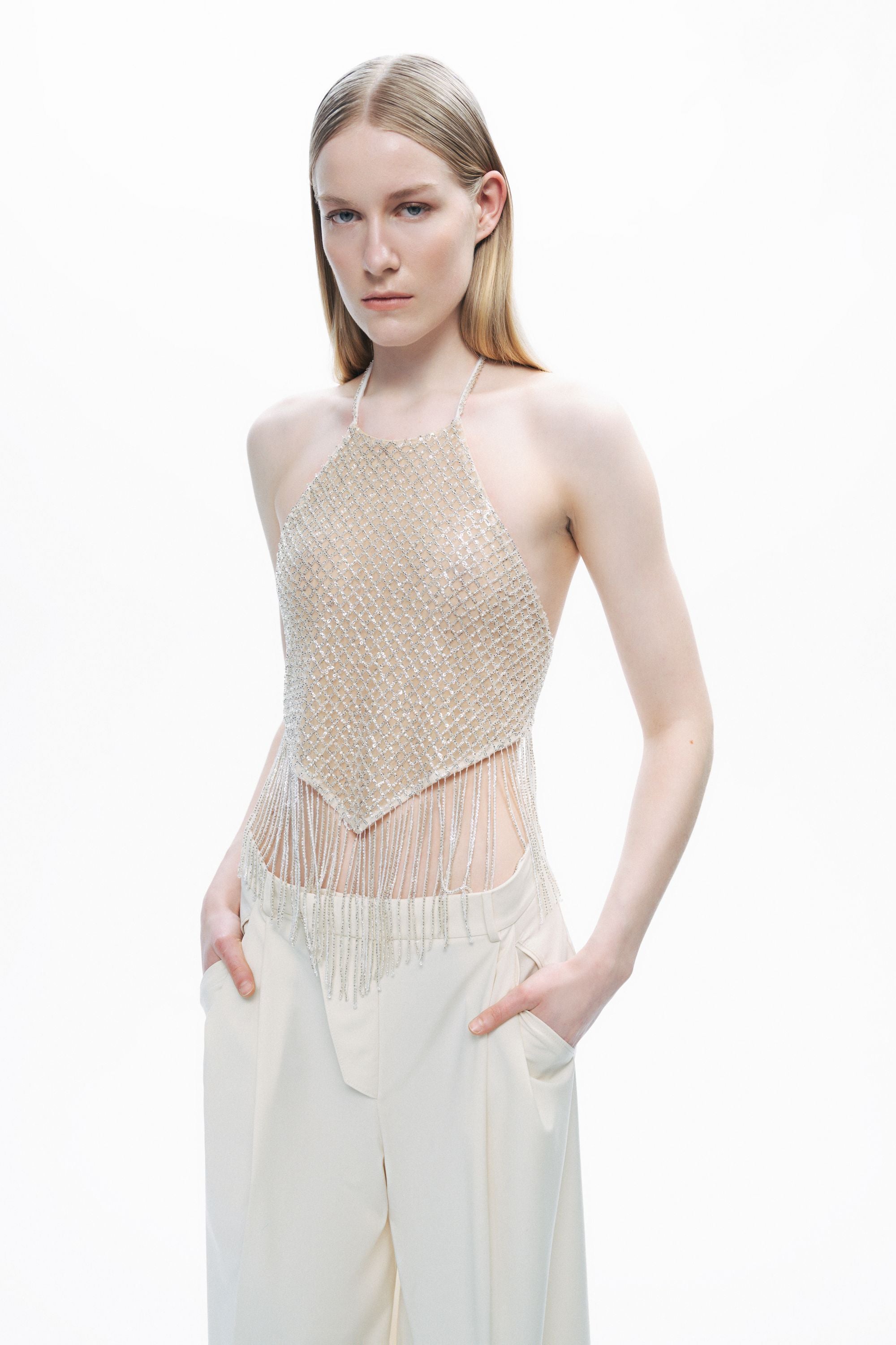 Gold Beaded Tassel Detailed Crop Top
