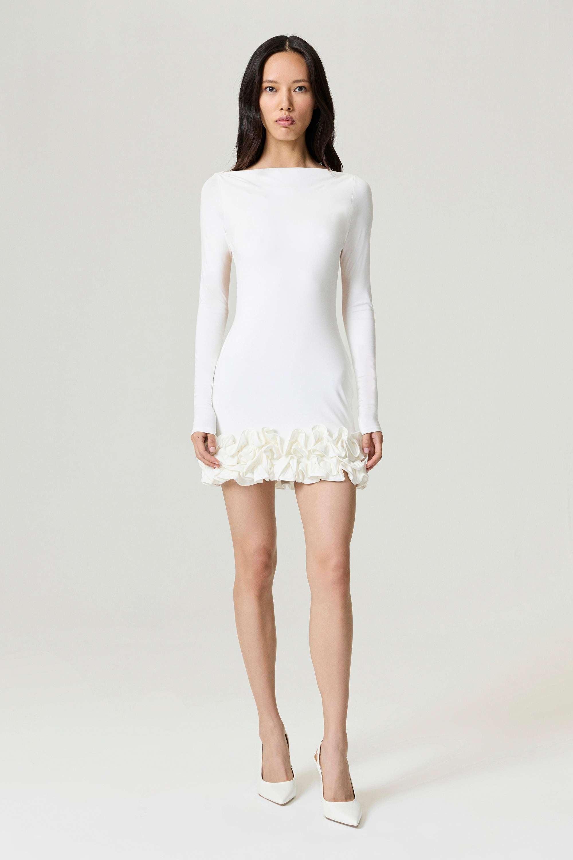 Ecru Frill Detailed Jersey Mini Dress