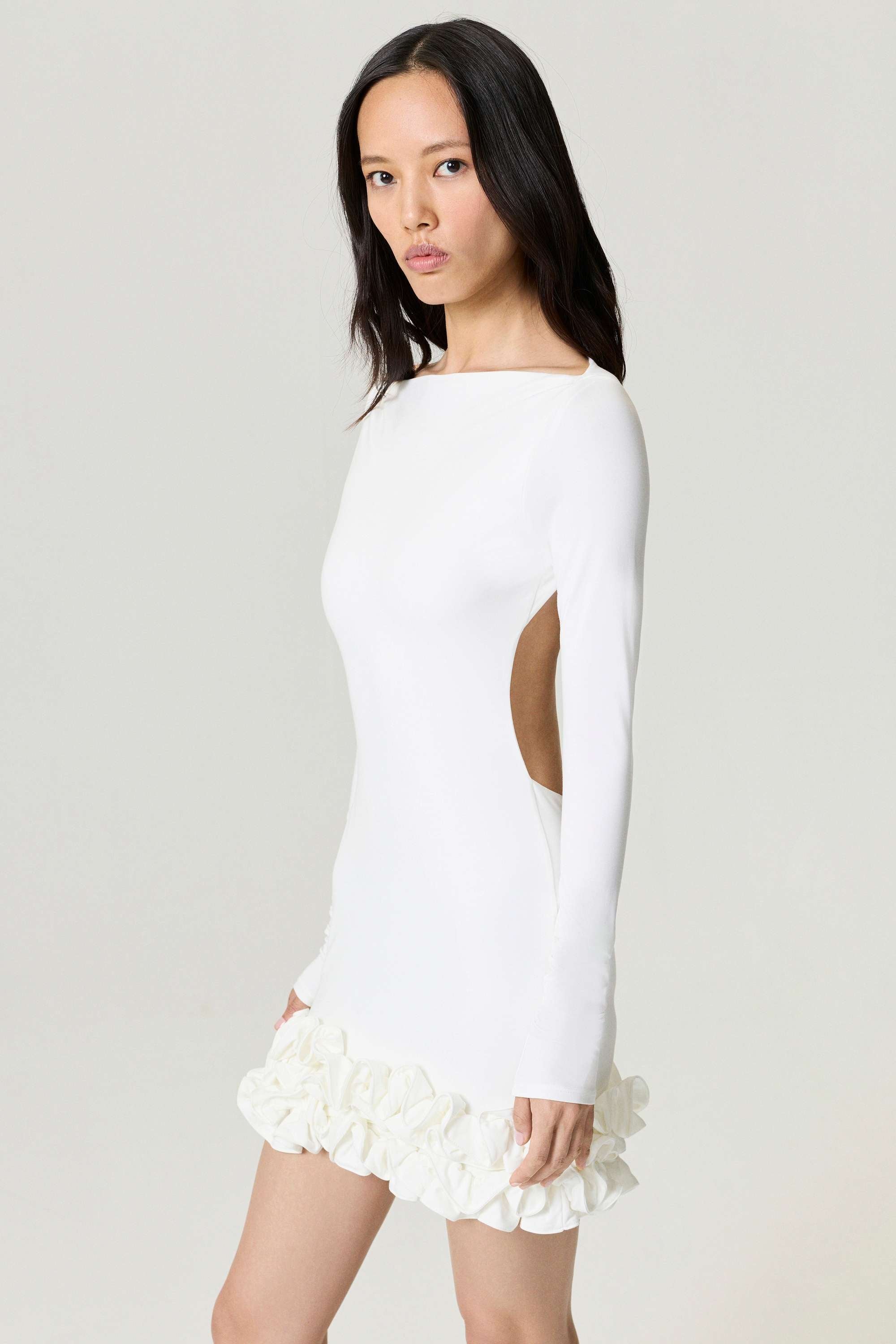 Ecru Frill Detailed Jersey Mini Dress