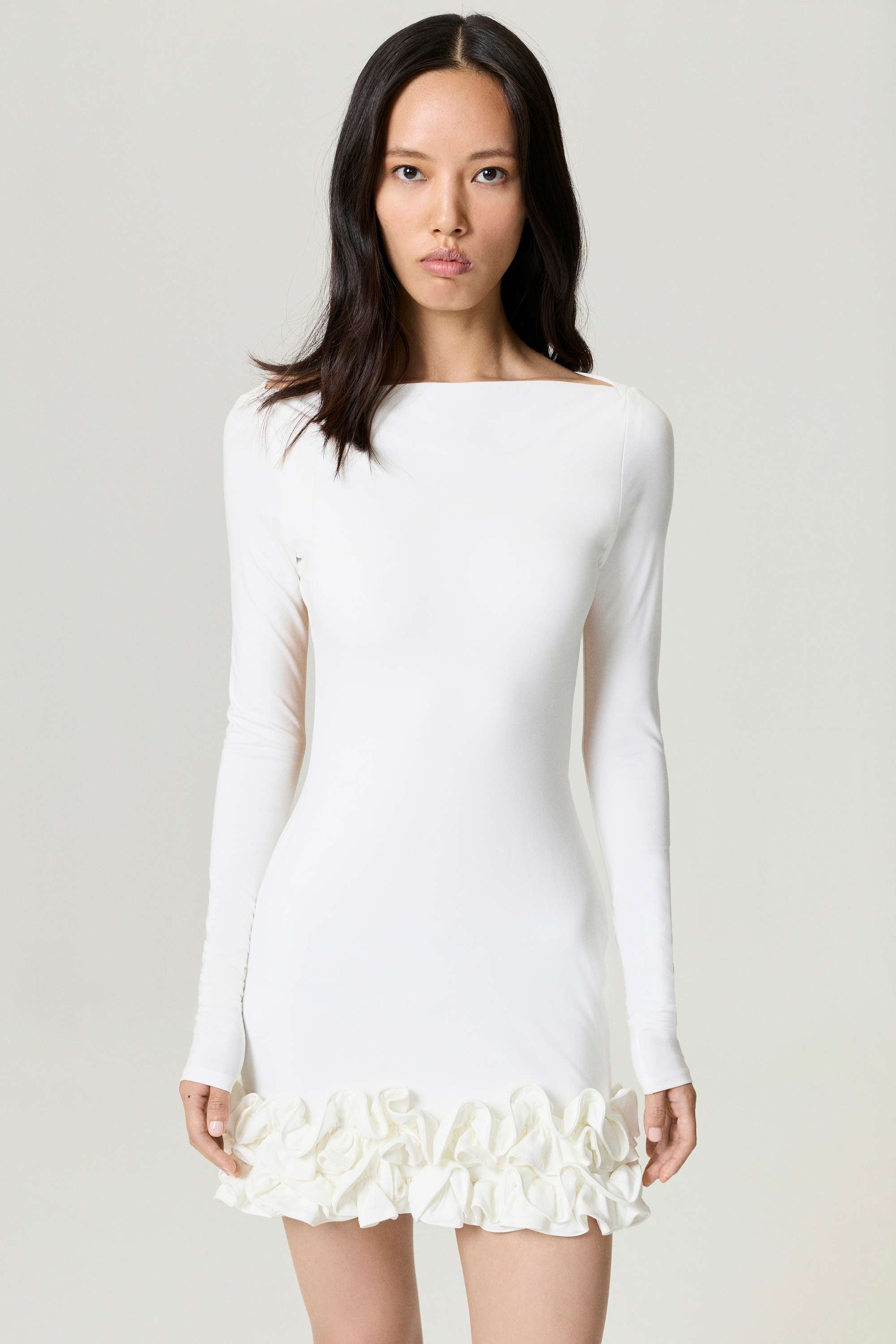 Ecru Frill Detailed Jersey Mini Dress