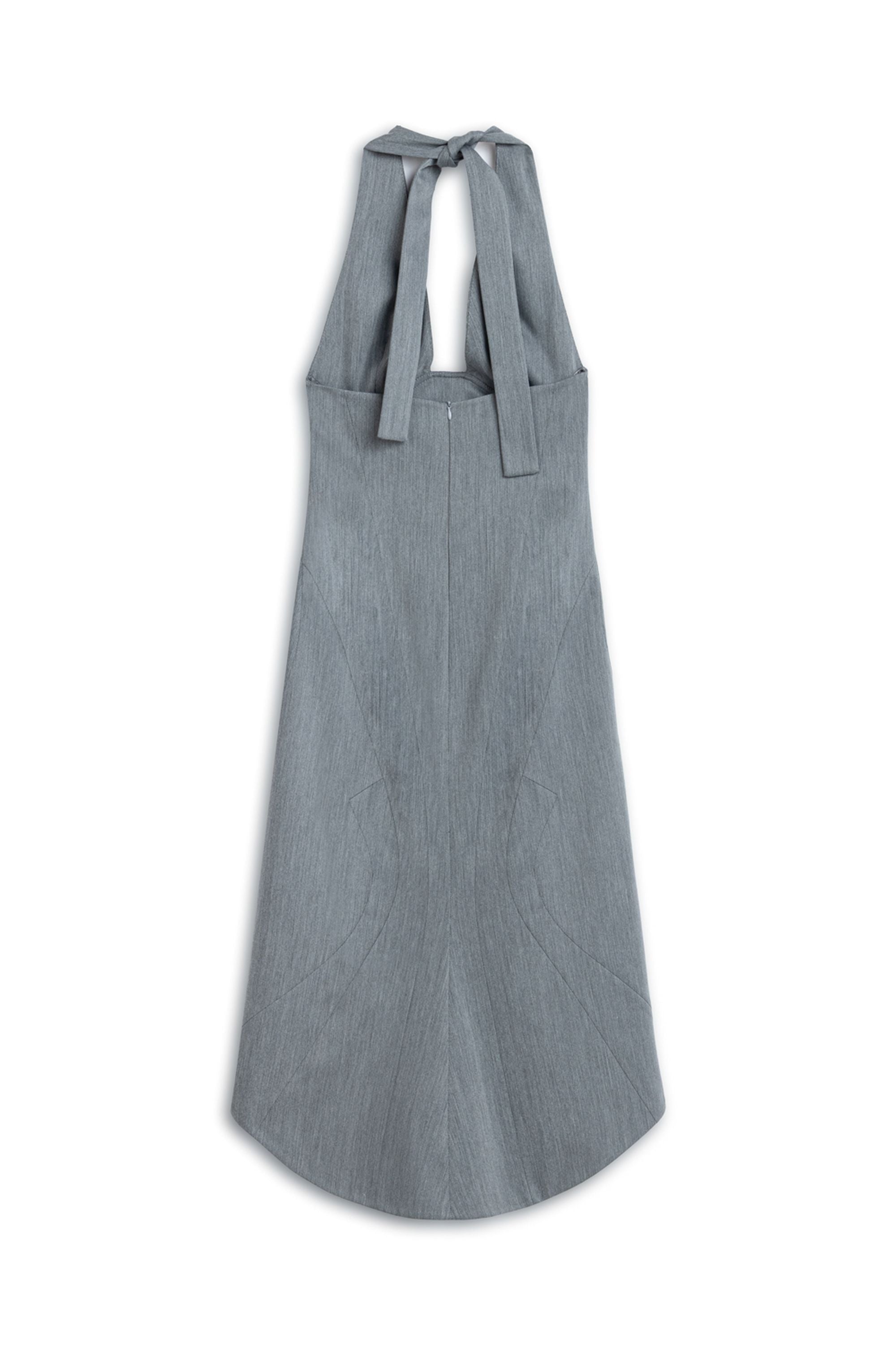 Anthracite Tie Neck Asymmetrical Midi Dress