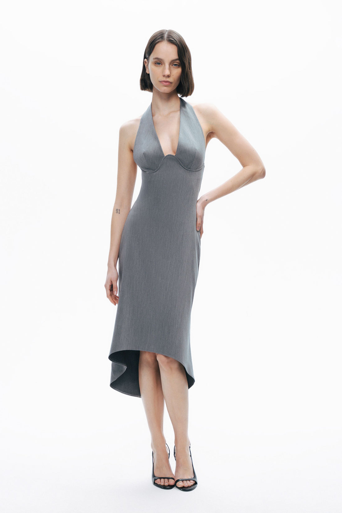 Anthracite Tie Neck Asymmetrical Midi Dress
