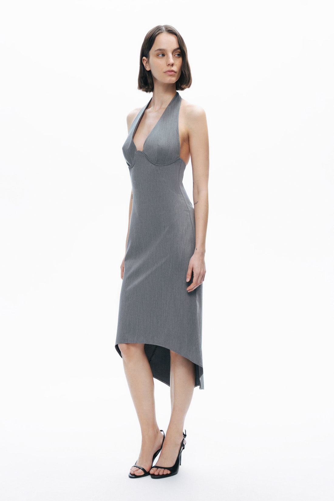 Anthracite Tie Neck Asymmetrical Midi Dress