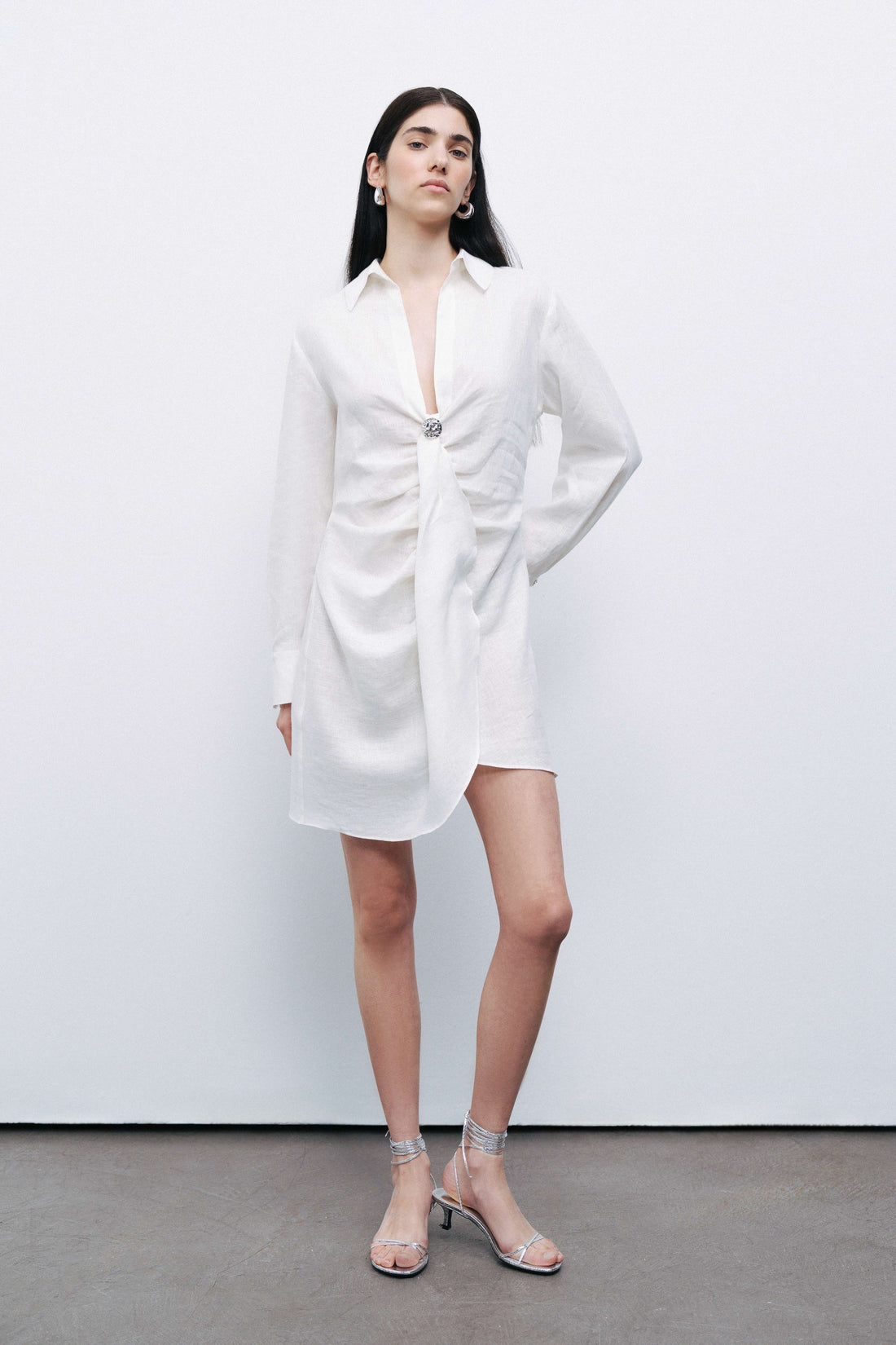 Ecru Linen Mini Dress with Accessory Detail