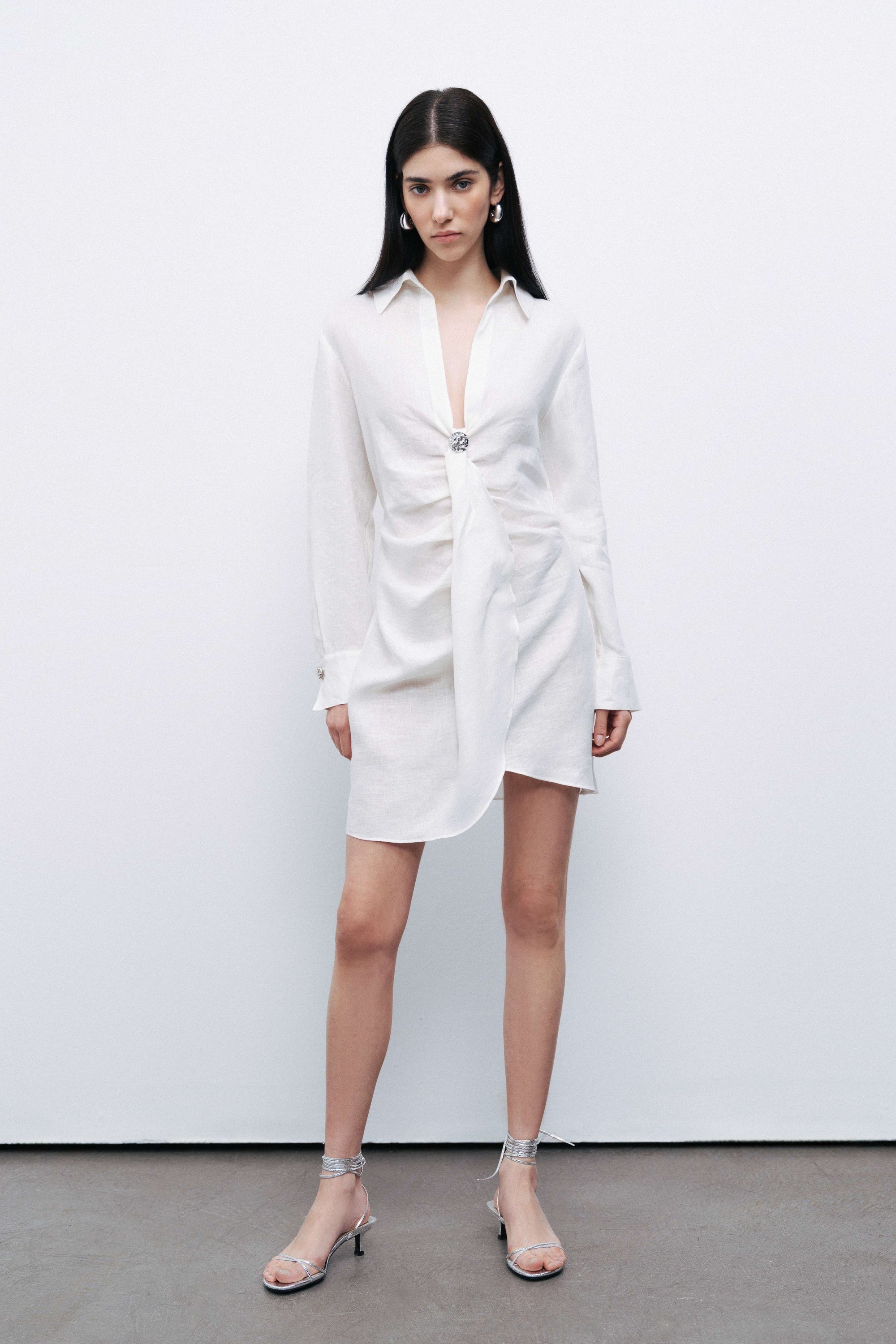 Ecru Linen Mini Dress with Accessory Detail