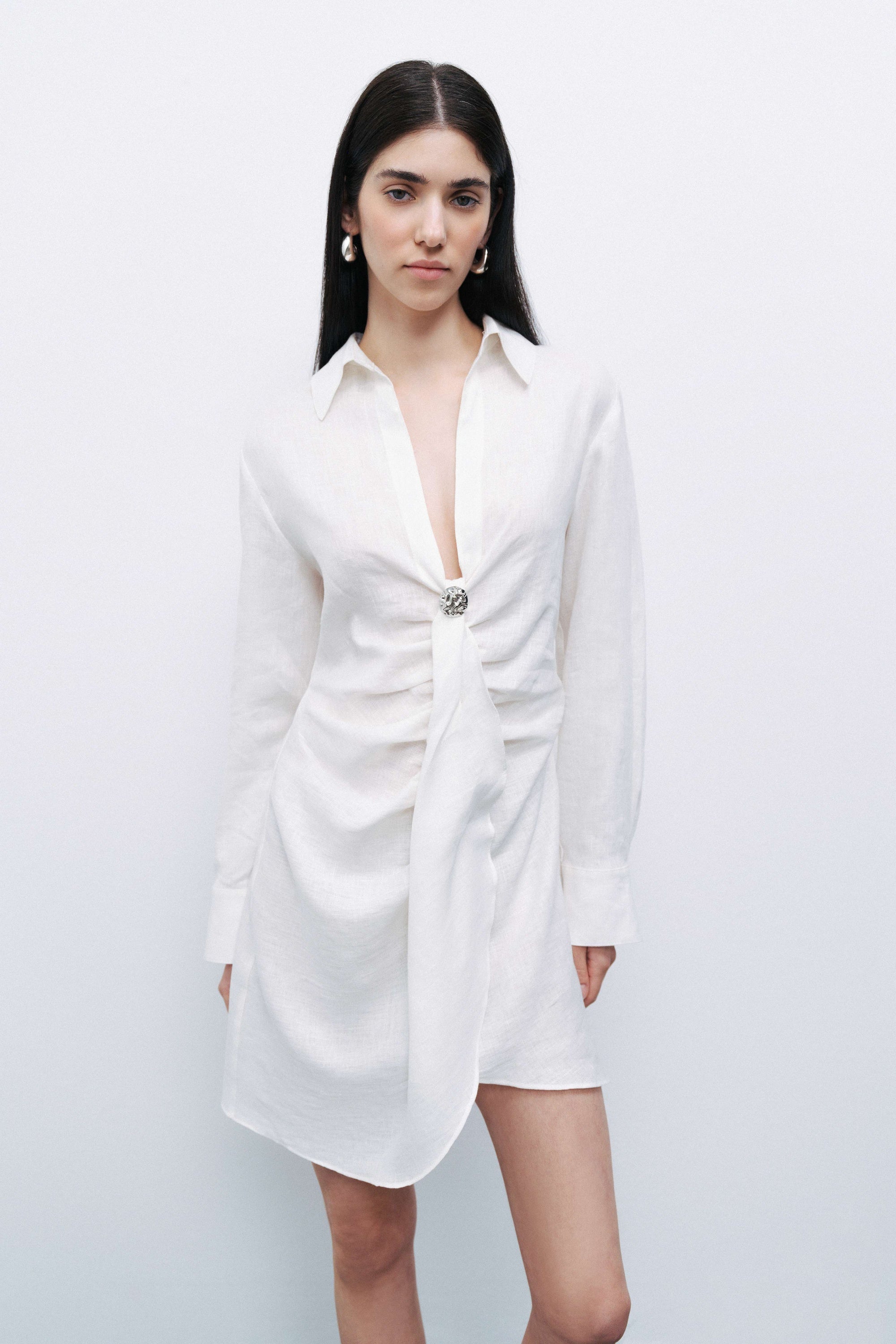 Ecru Linen Mini Dress with Accessory Detail