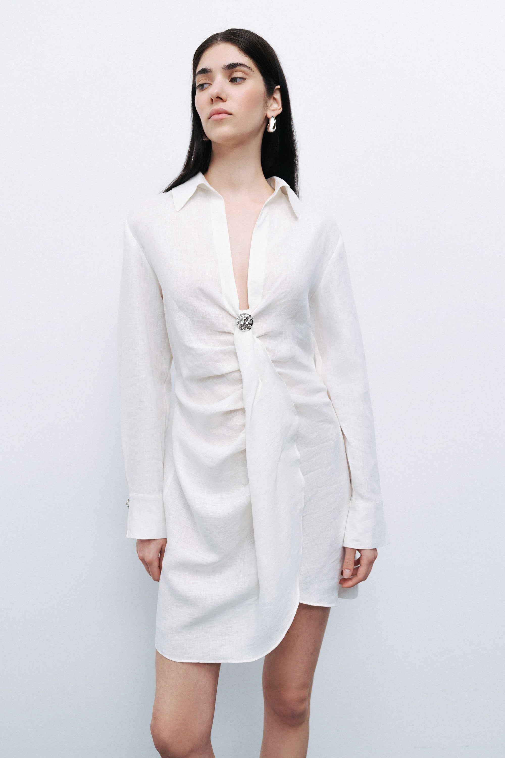 Ecru Linen Mini Dress with Accessory Detail