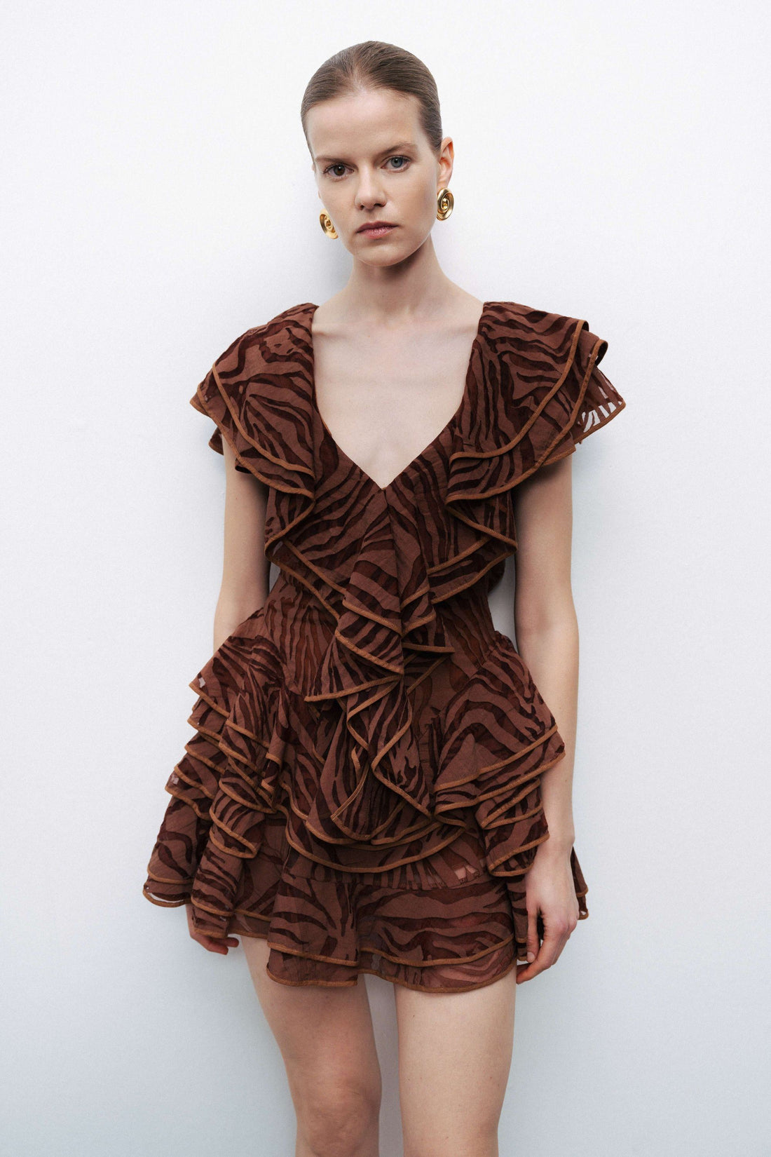 Coffee Ruffle Patterned Mini Dress