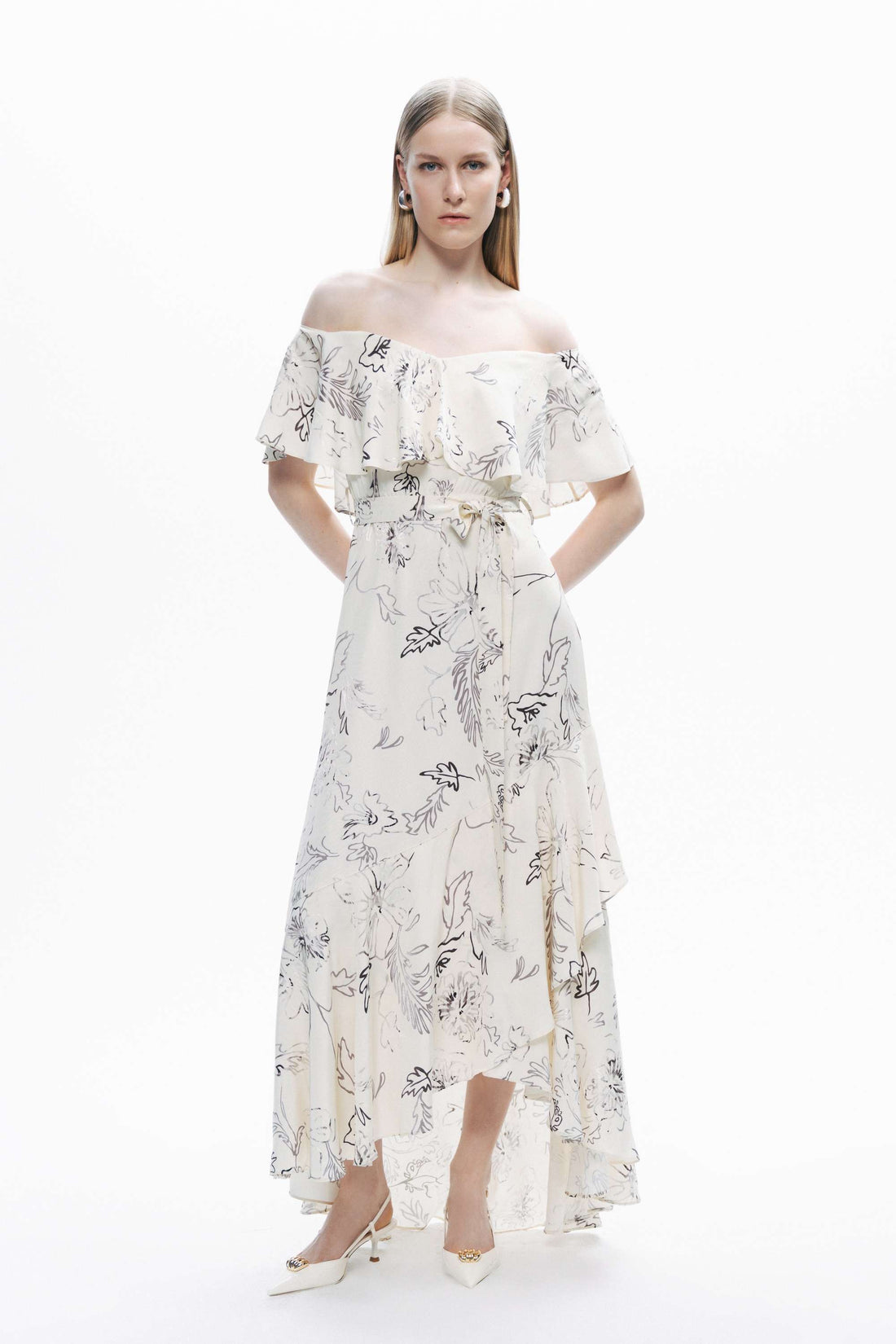 Ecru Floral Patterned Midi Dress with Sash Tie