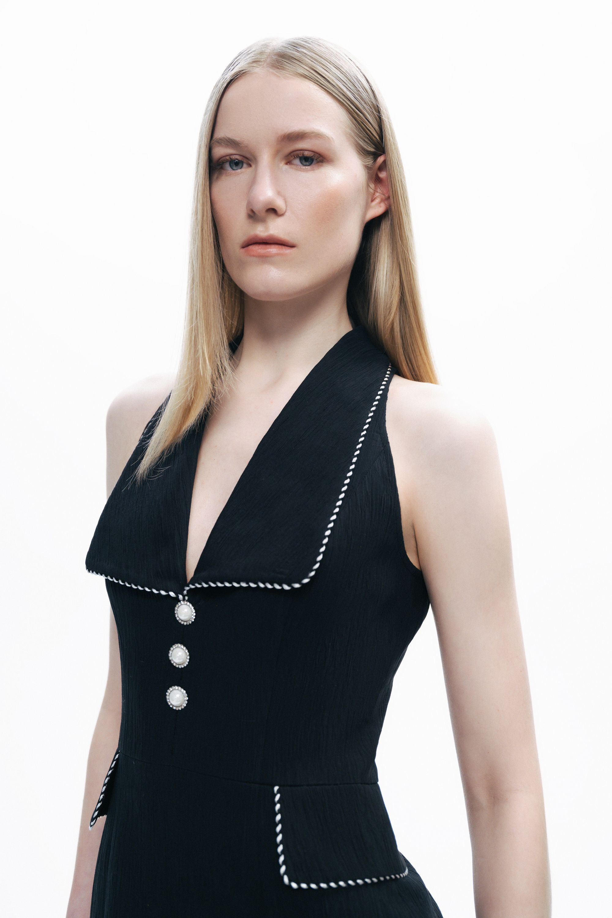 Black Pearl Accessory Buttoned Mini Dress