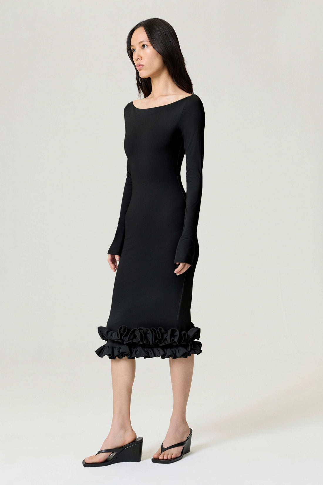 Black Jersey Maxi Dress with Ruffle Detail