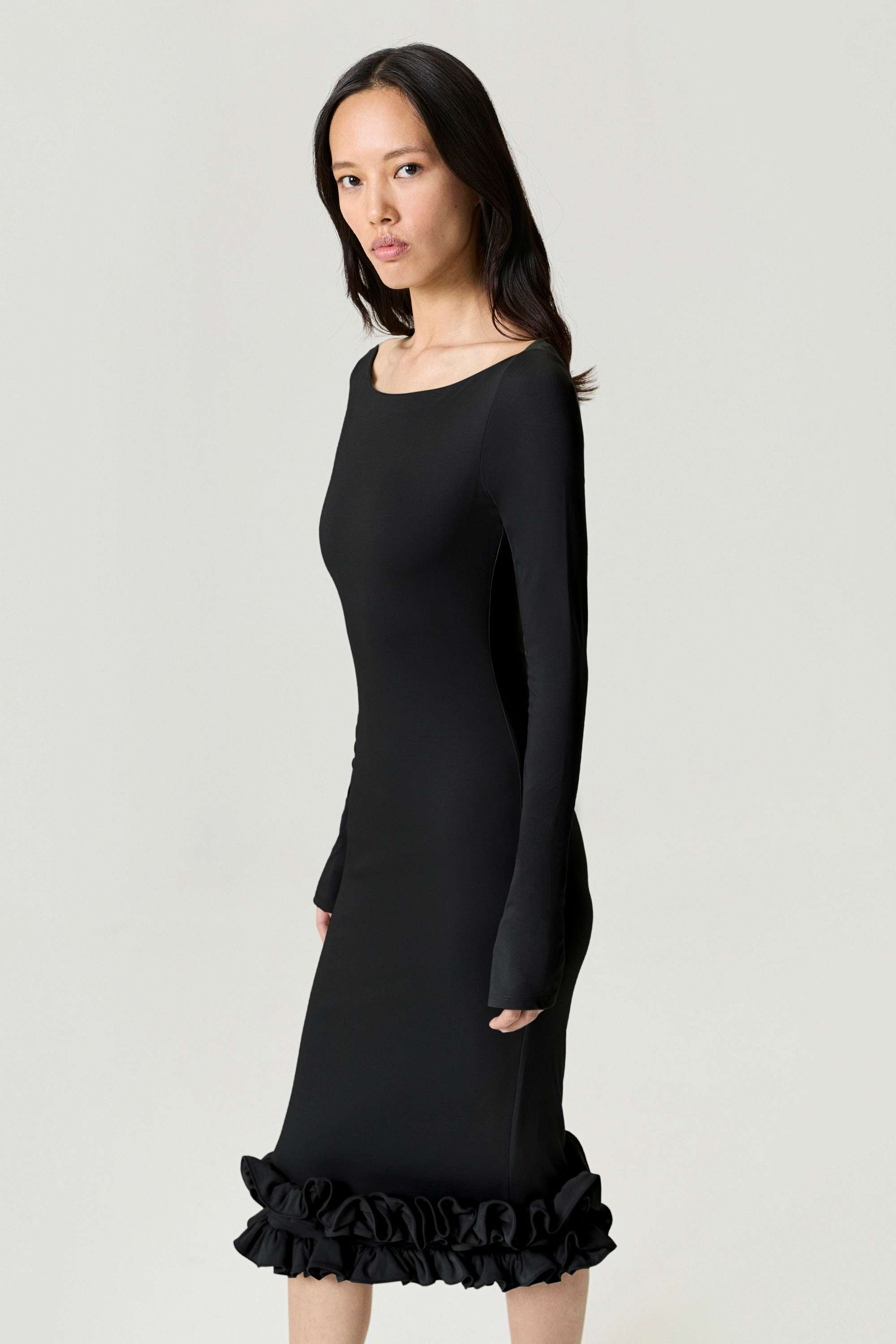 Black Jersey Maxi Dress with Ruffle Detail