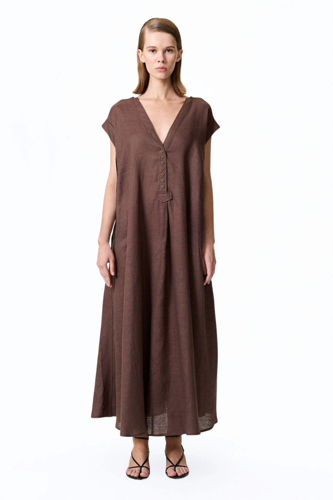 Coffe V-Neck Linen Maxi Dress
