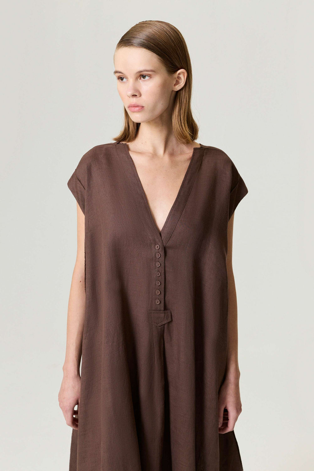 Coffe V-Neck Linen Maxi Dress