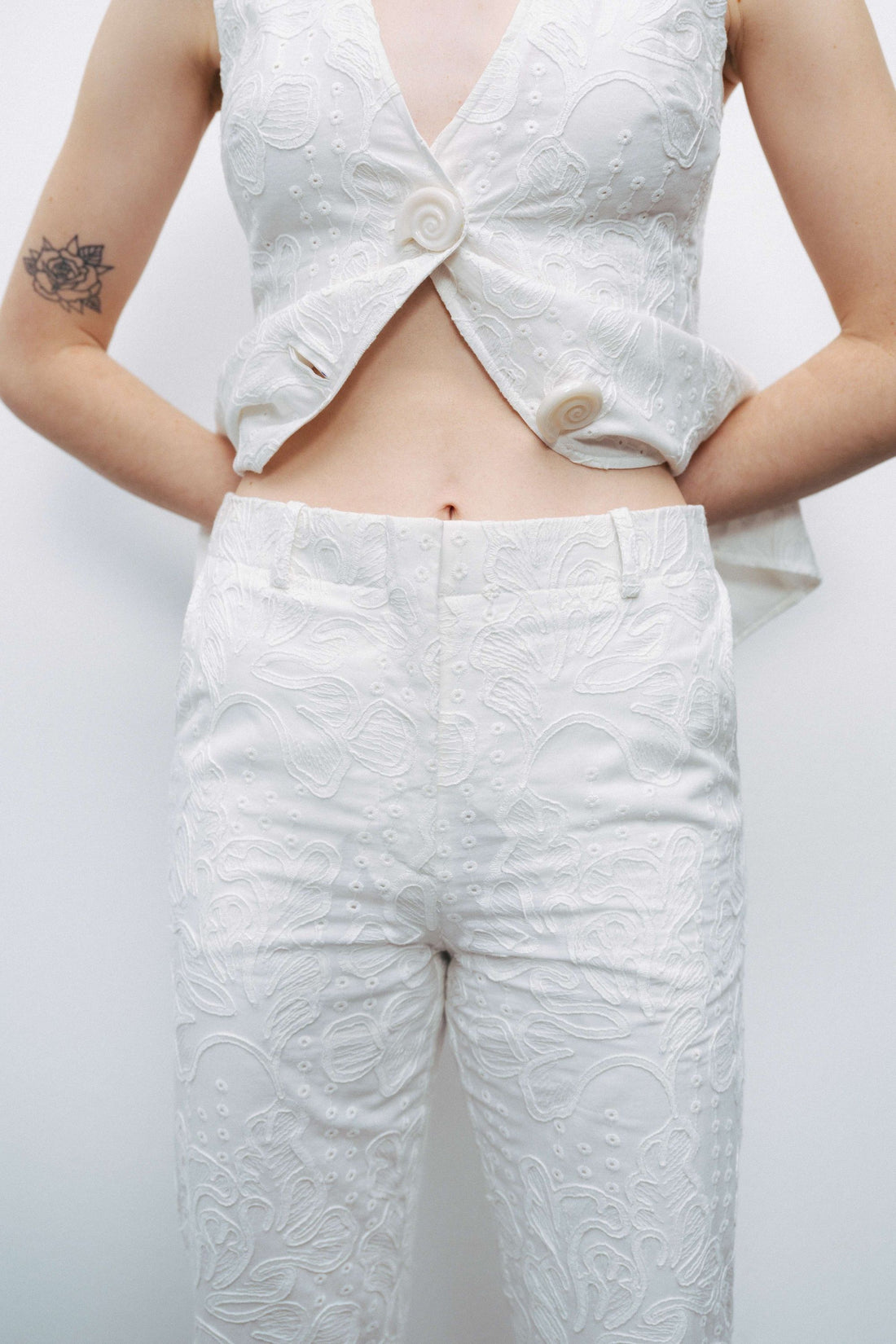 Ecru Embroidered Bootcut Pants
