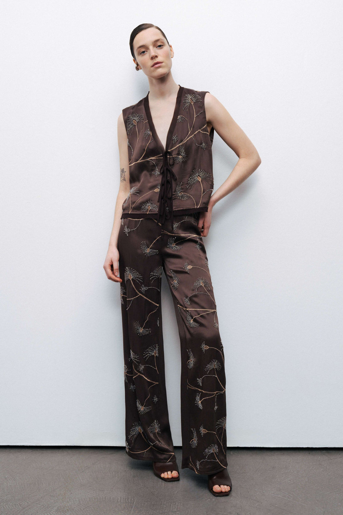 Coffee Beaded Embroidered Pants