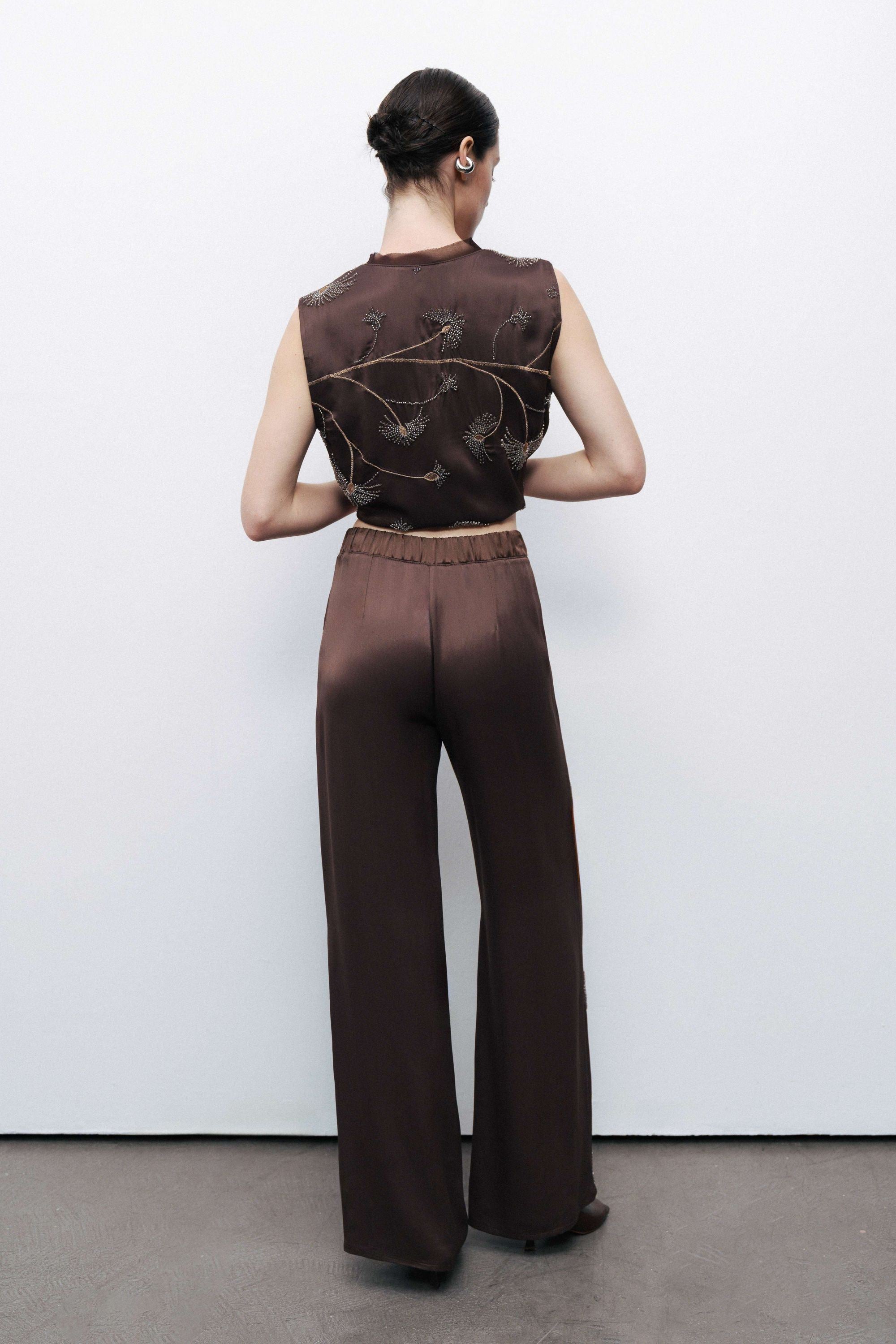 Coffee Beaded Embroidered Pants