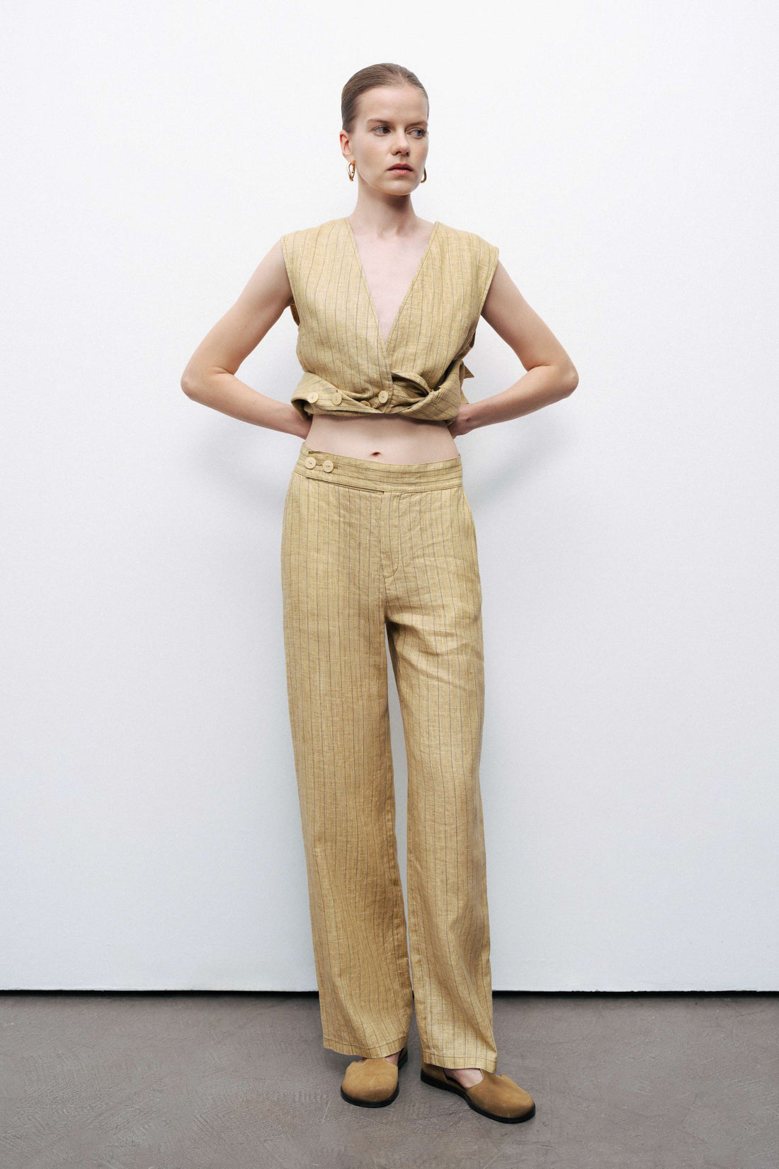 Linen Striped High-Waist Pants