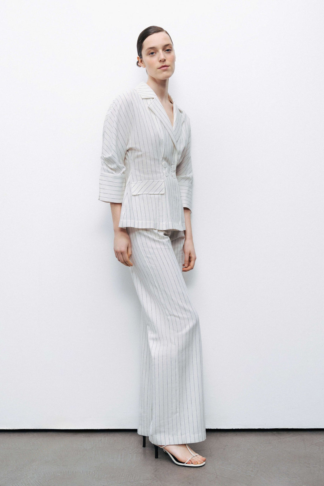 Linen Blend Ecru Striped High Waist Pants