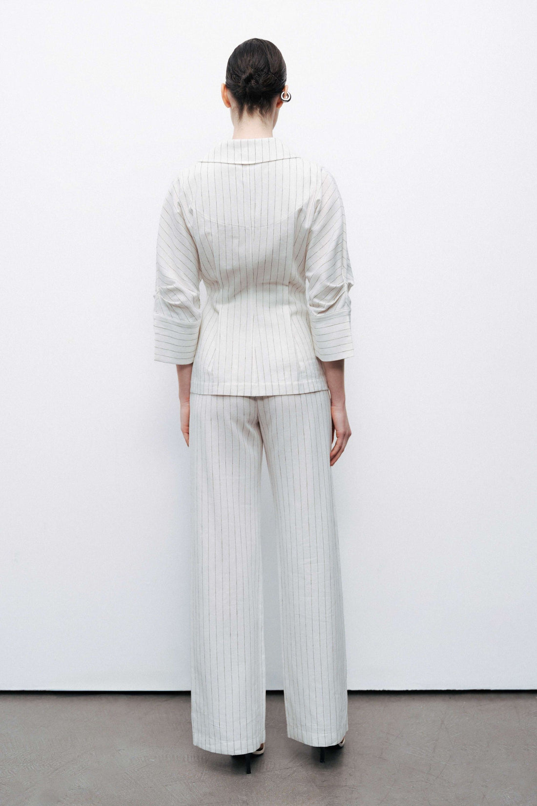 Linen Blend Ecru Striped High Waist Pants