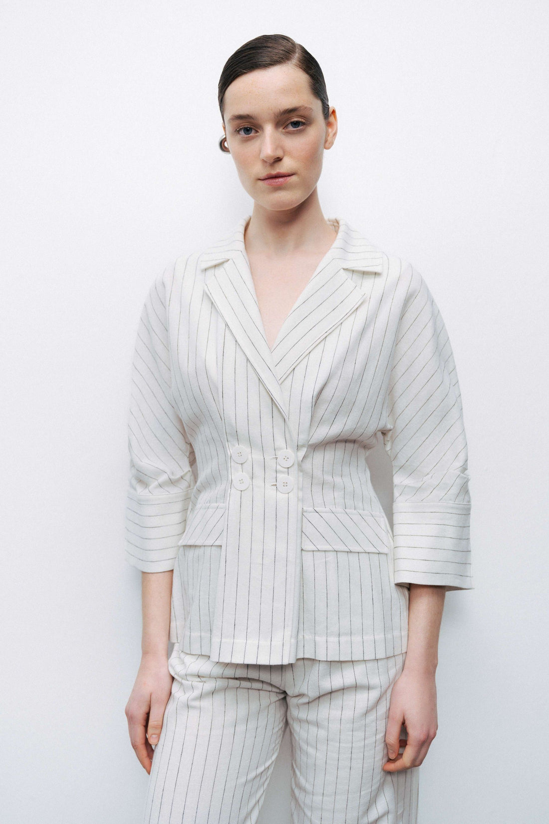 Linen Blend Ecru Striped High Waist Pants