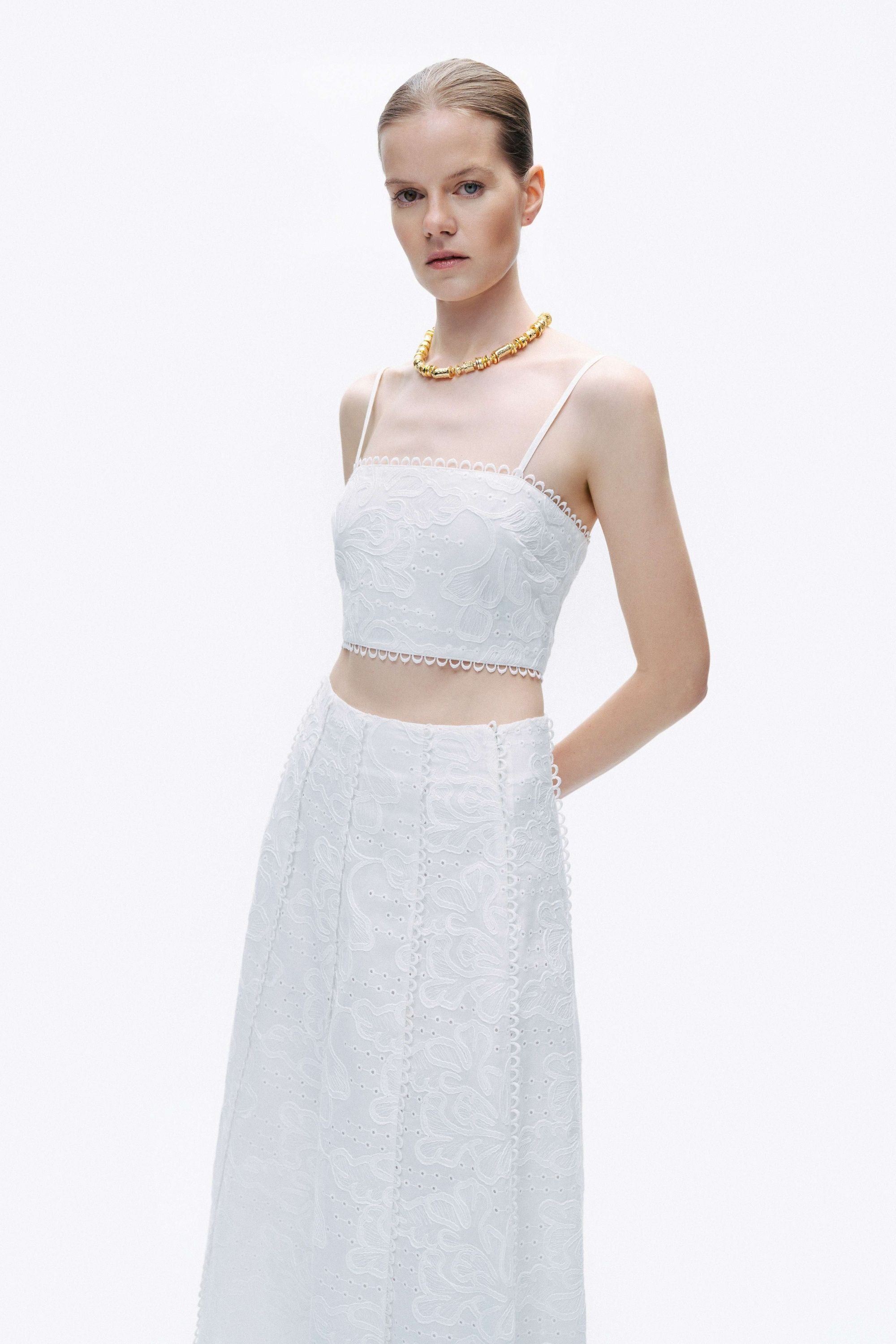 Ecru Embroidery Detail Midi Skirt