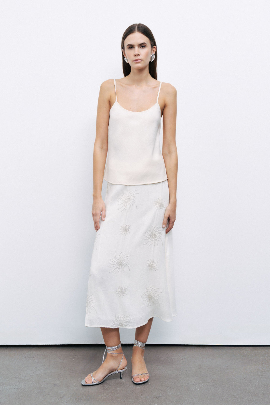 Ecru Beaded Embroidered Midi Skirt