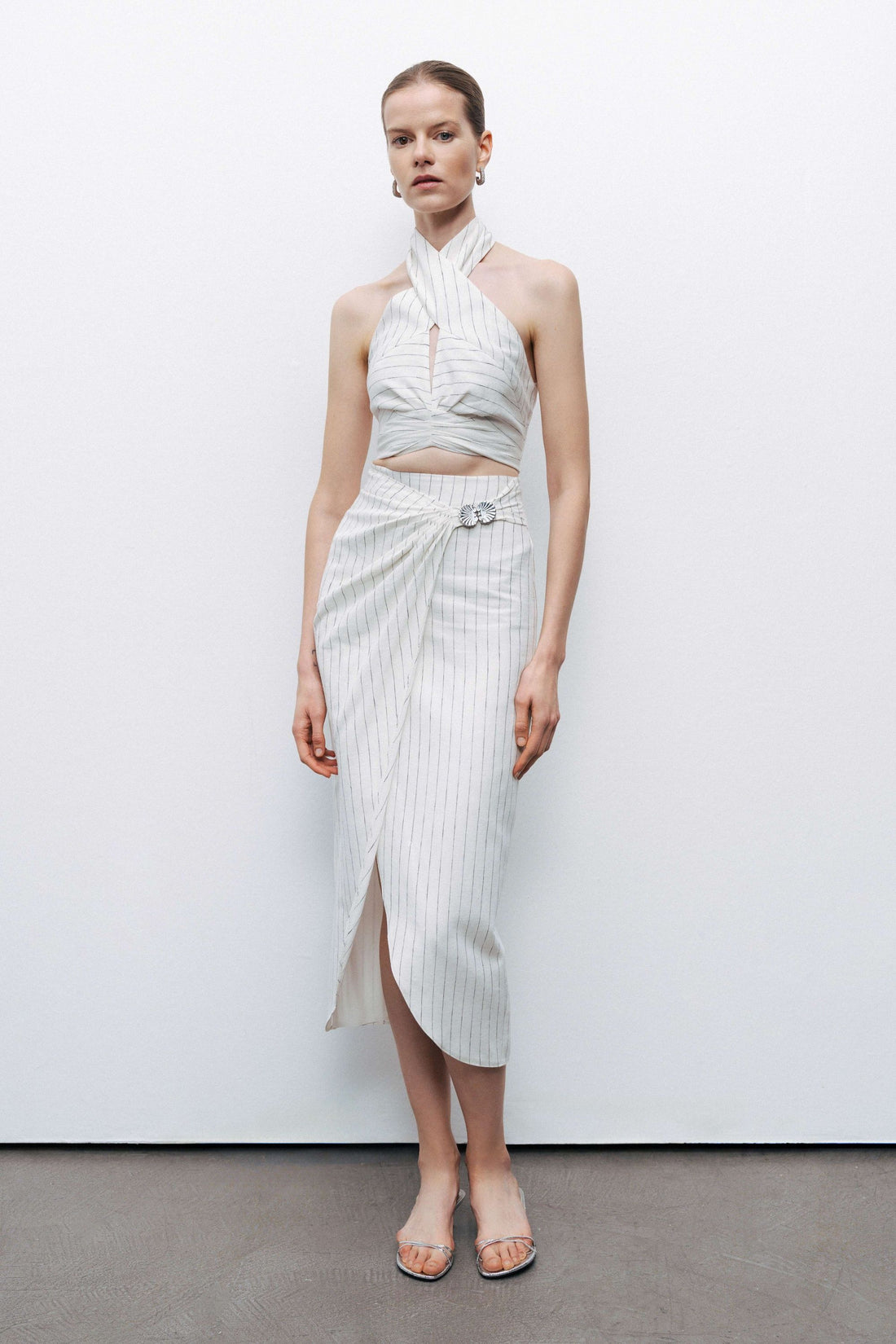 Striped Linen Blend Midi Skirt with Metal Accessories