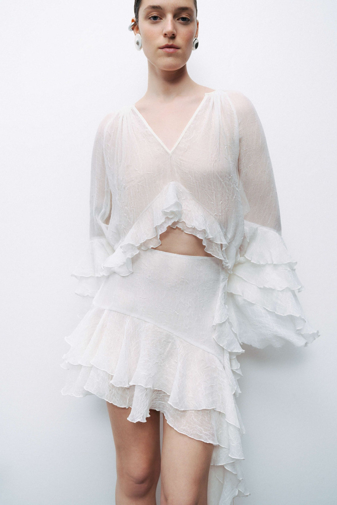 Ecru Ruffled Detail Asymmetric Mini Skirt