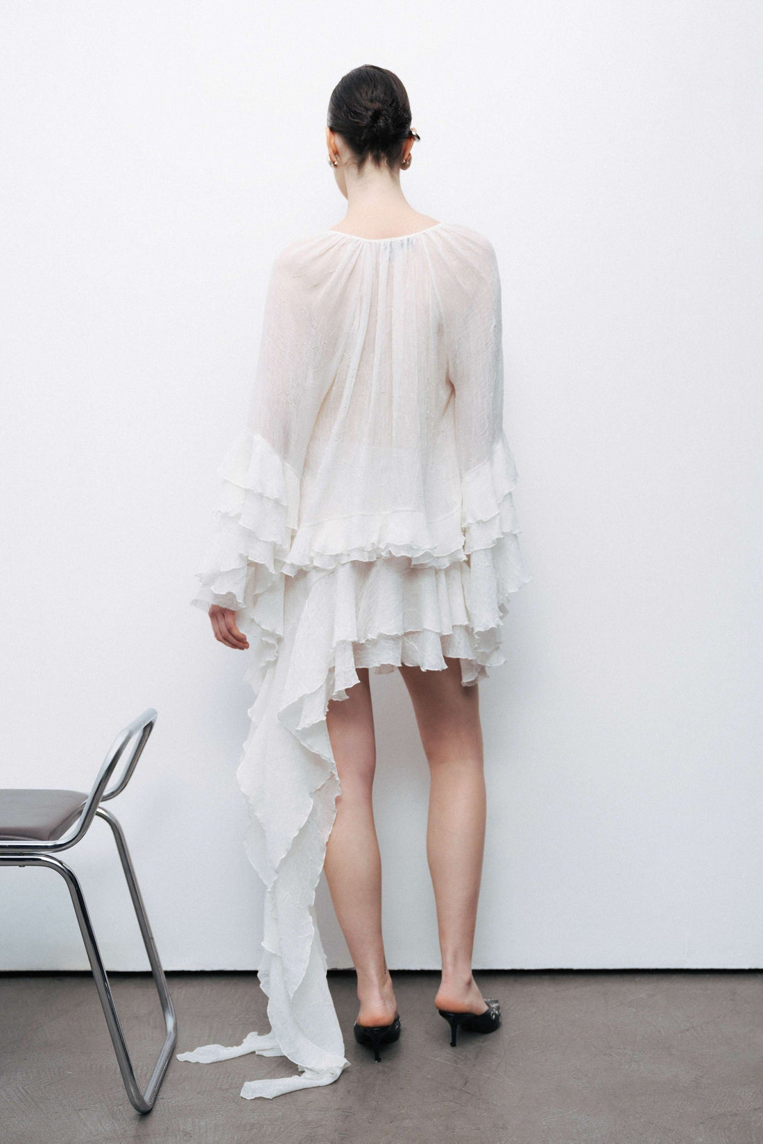 Ecru Ruffled Detail Asymmetric Mini Skirt