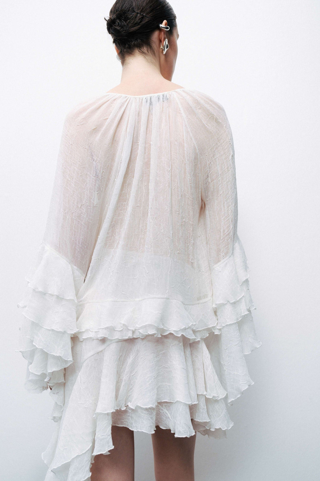 Ecru Ruffled Detail Asymmetric Mini Skirt