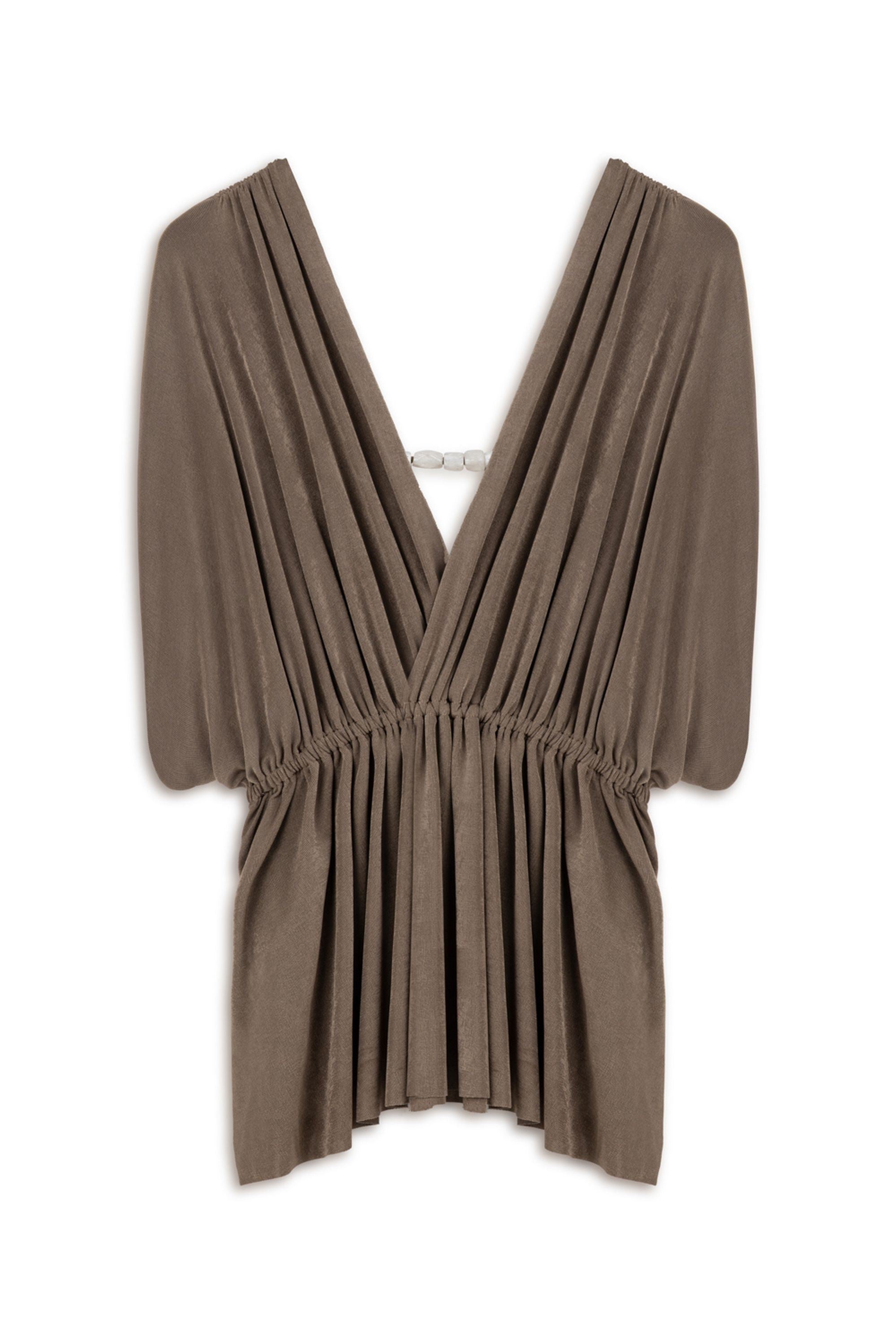 Bronze V-Neck Beaded Accessory Blouse