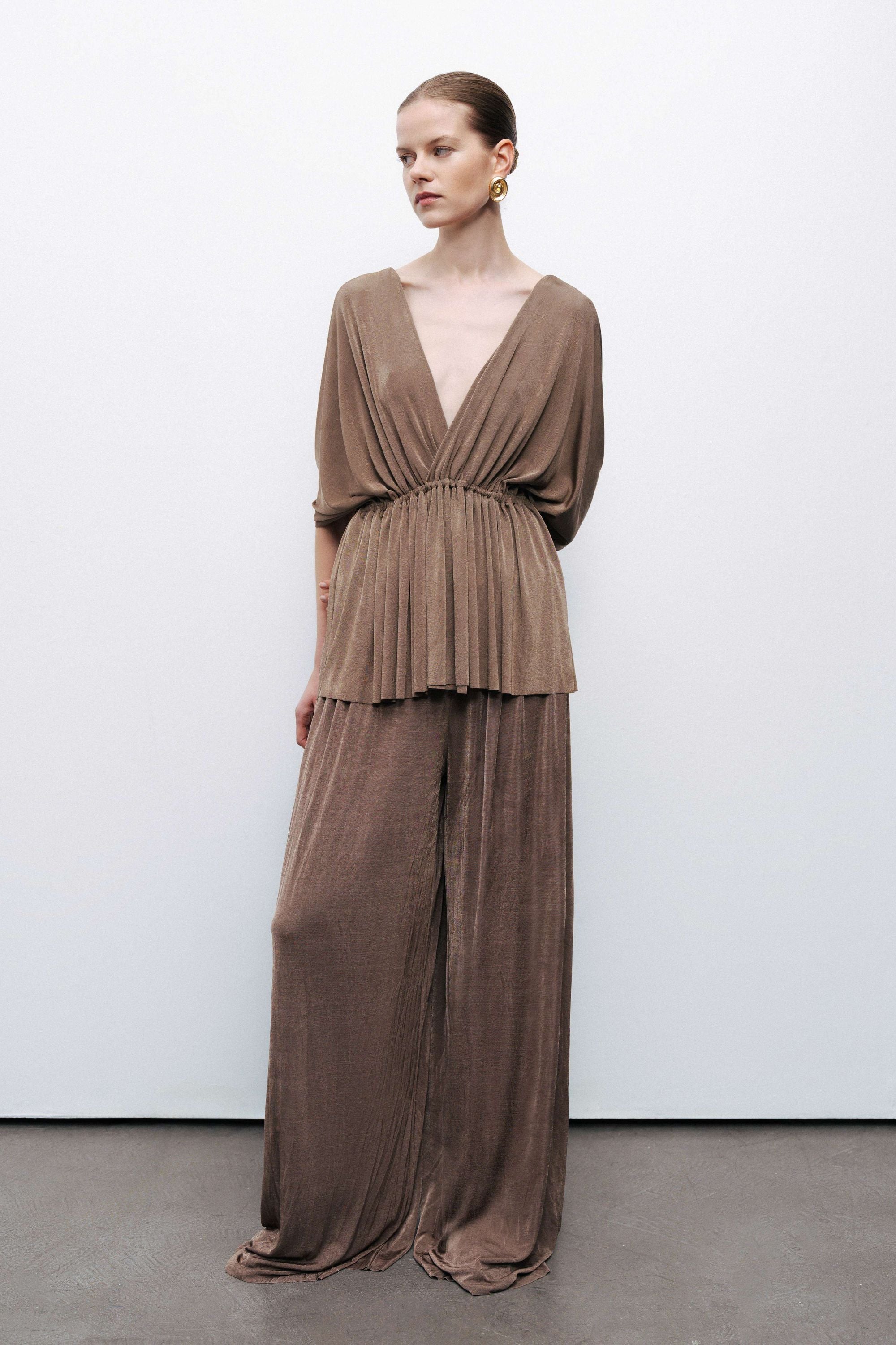 Bronze V-Neck Beaded Accessory Blouse