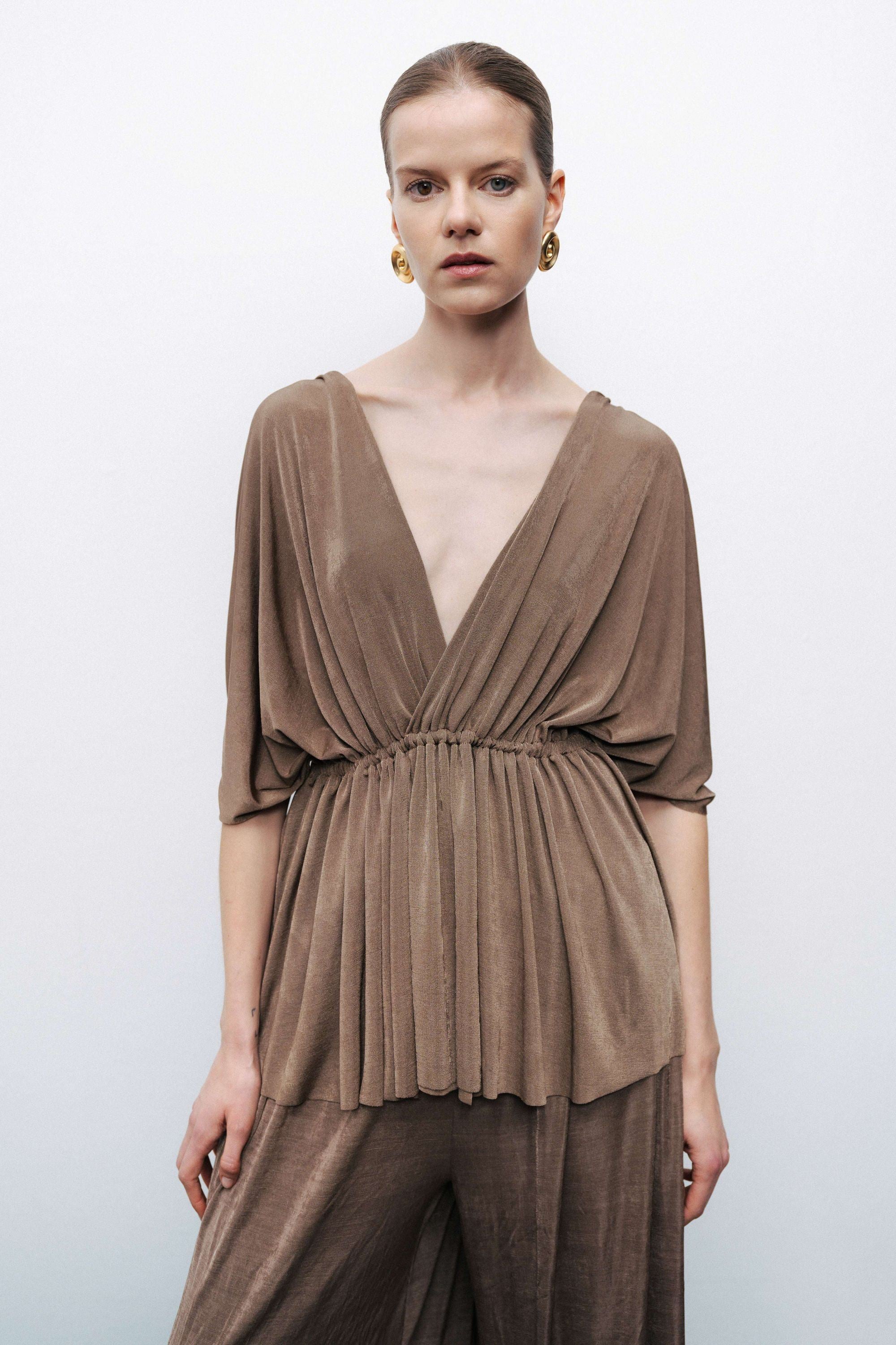 Bronze V-Neck Beaded Accessory Blouse