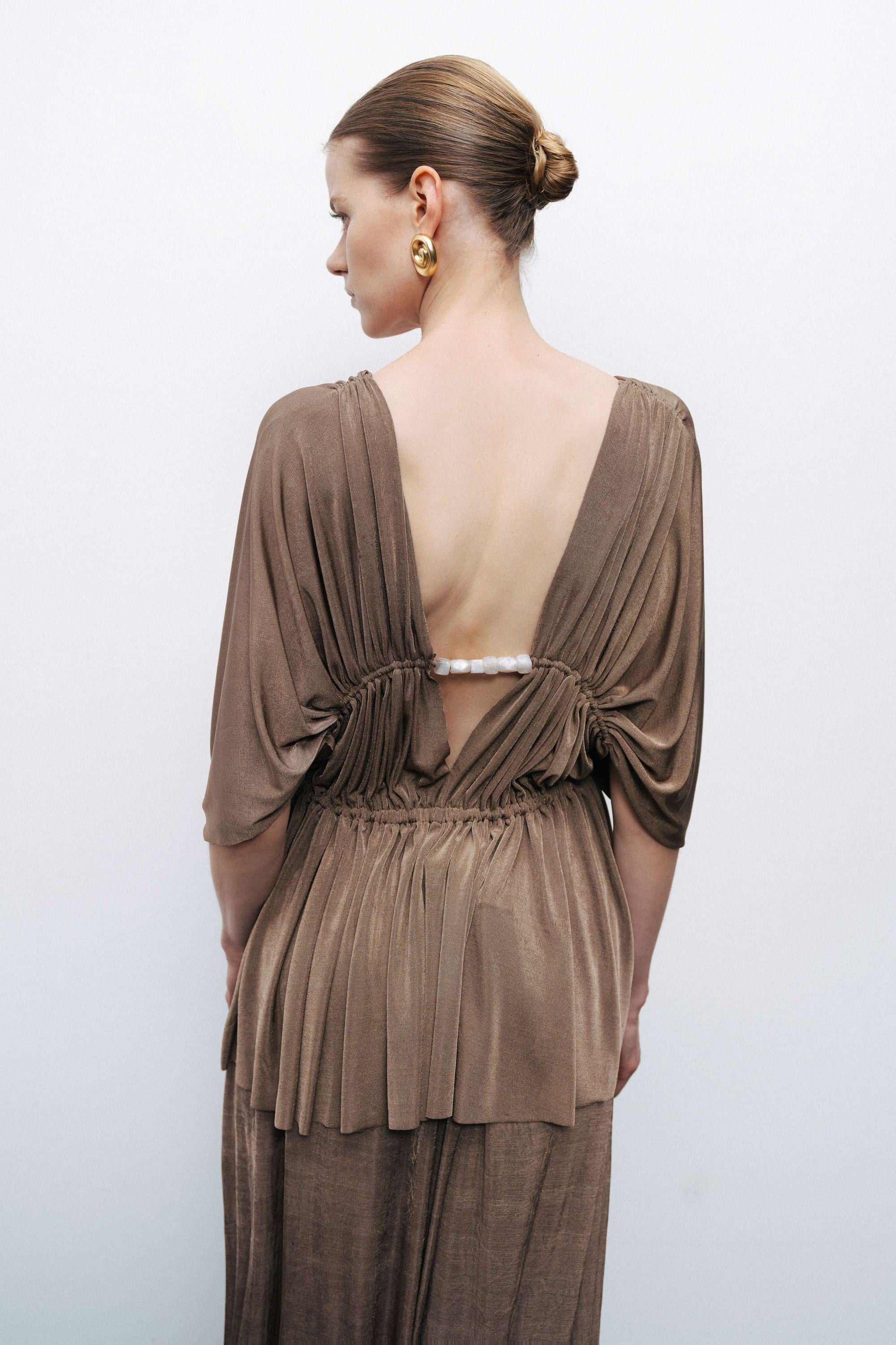 Bronze V-Neck Beaded Accessory Blouse