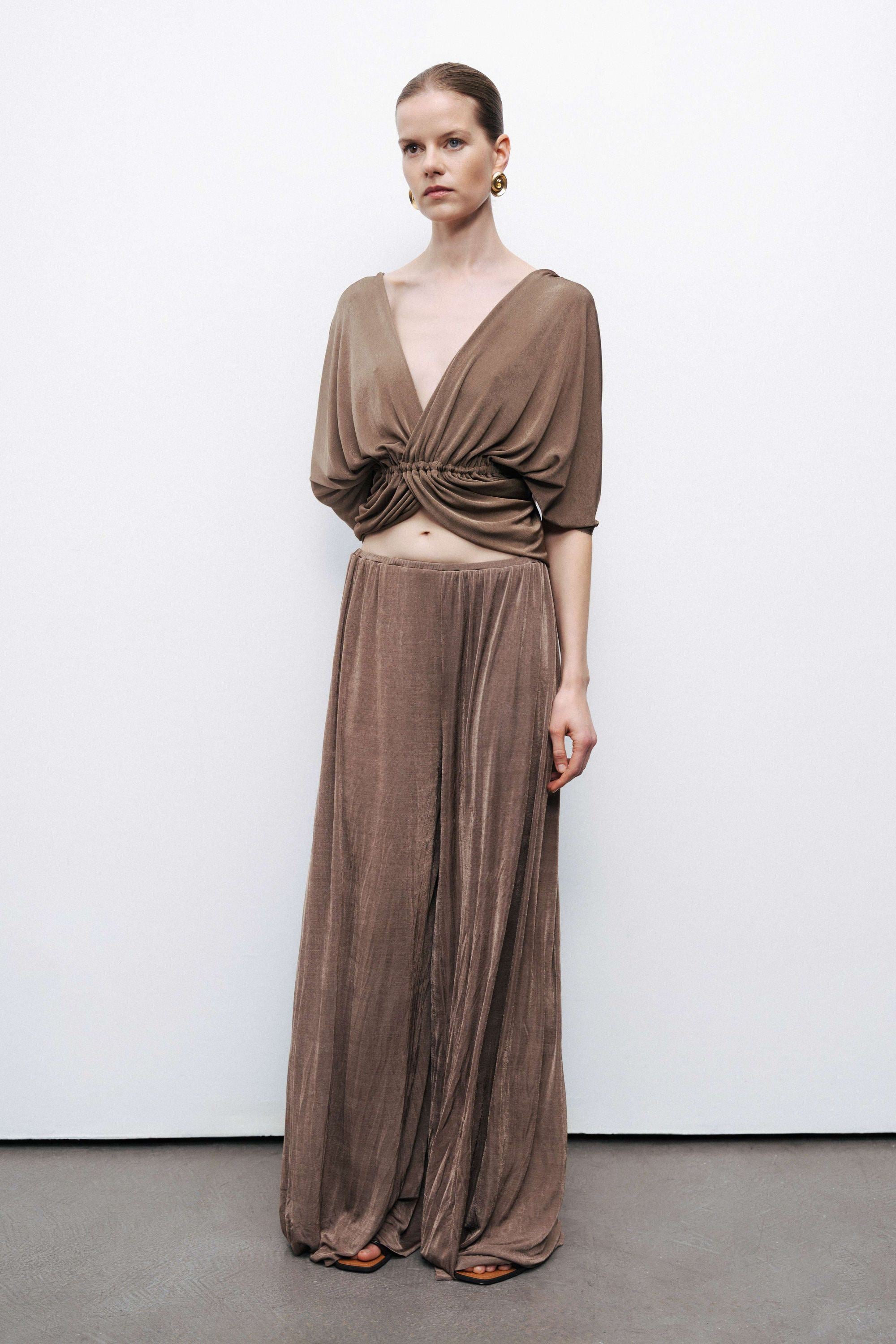 Bronze V-Neck Beaded Accessory Blouse