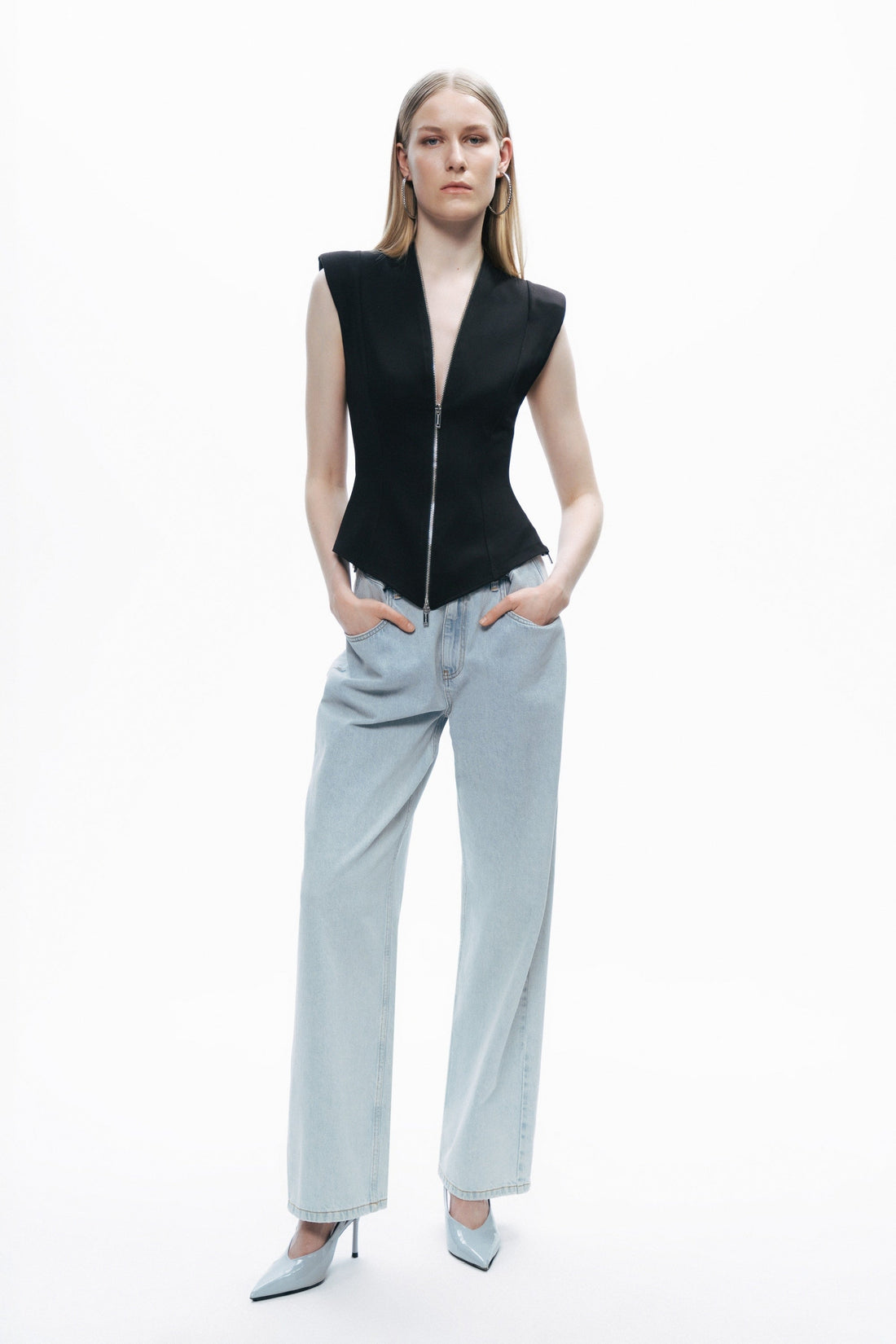 Black Zipper Design Woven Blouse