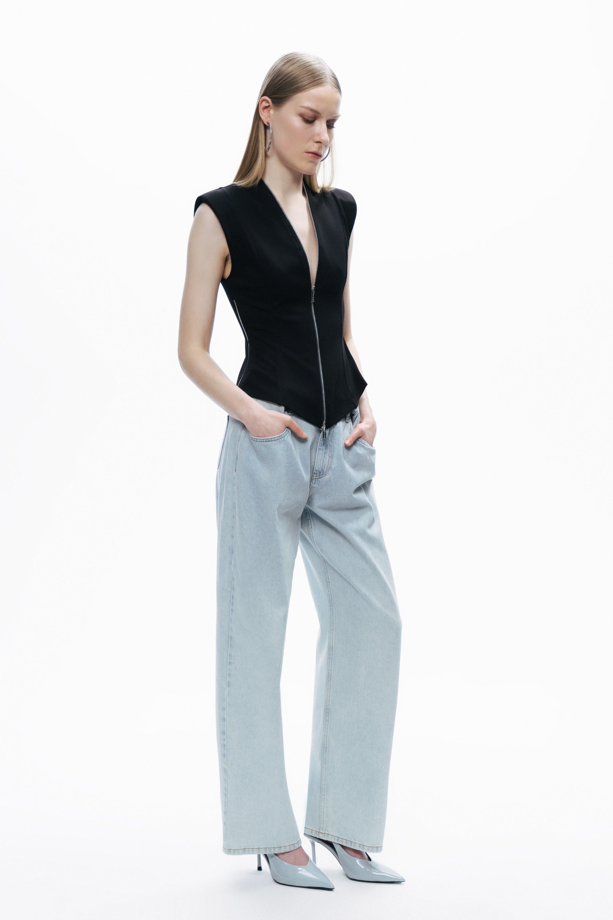 Black Zipper Design Woven Blouse