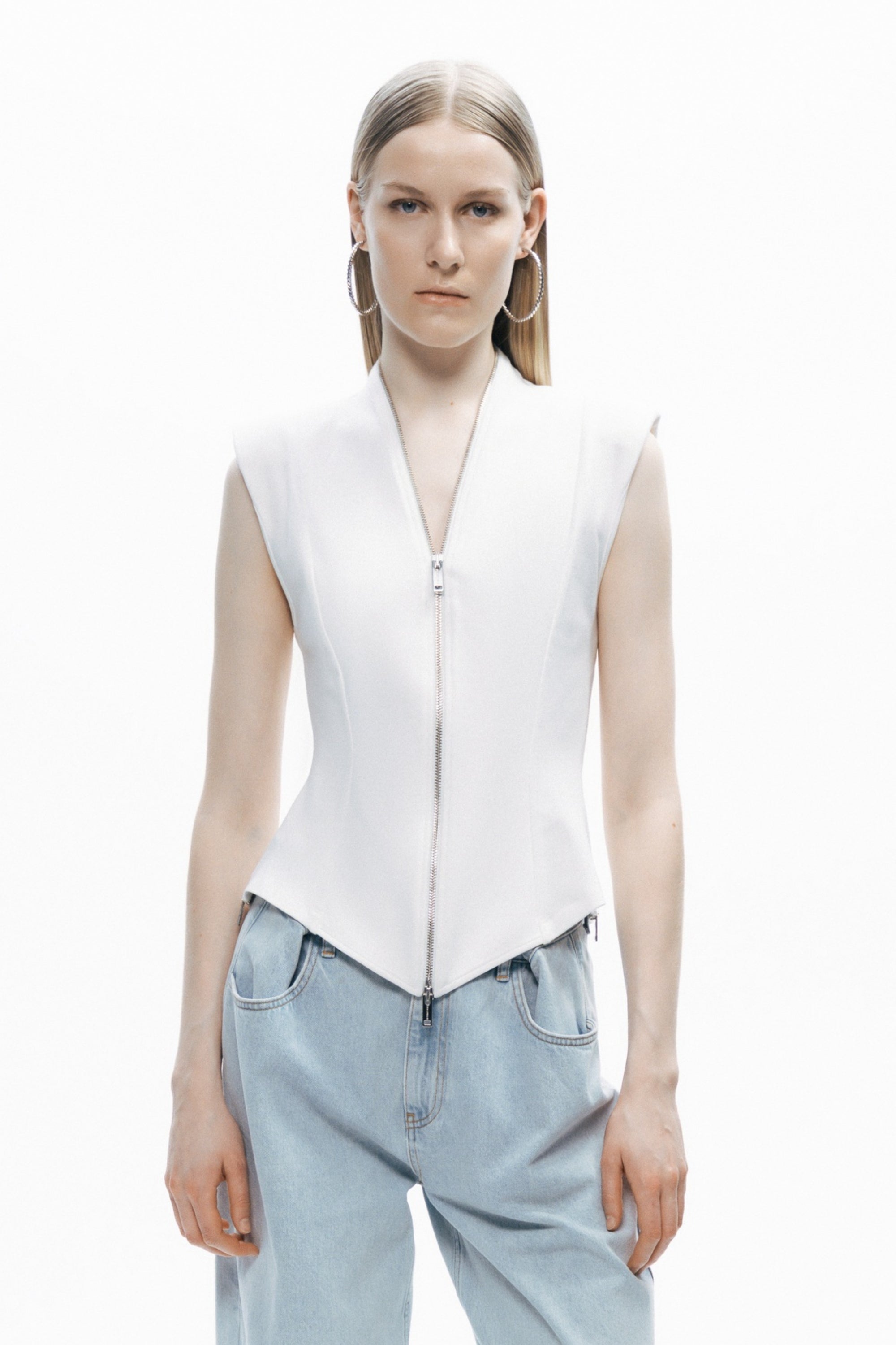 Ecru Zipper Design Woven Blouse