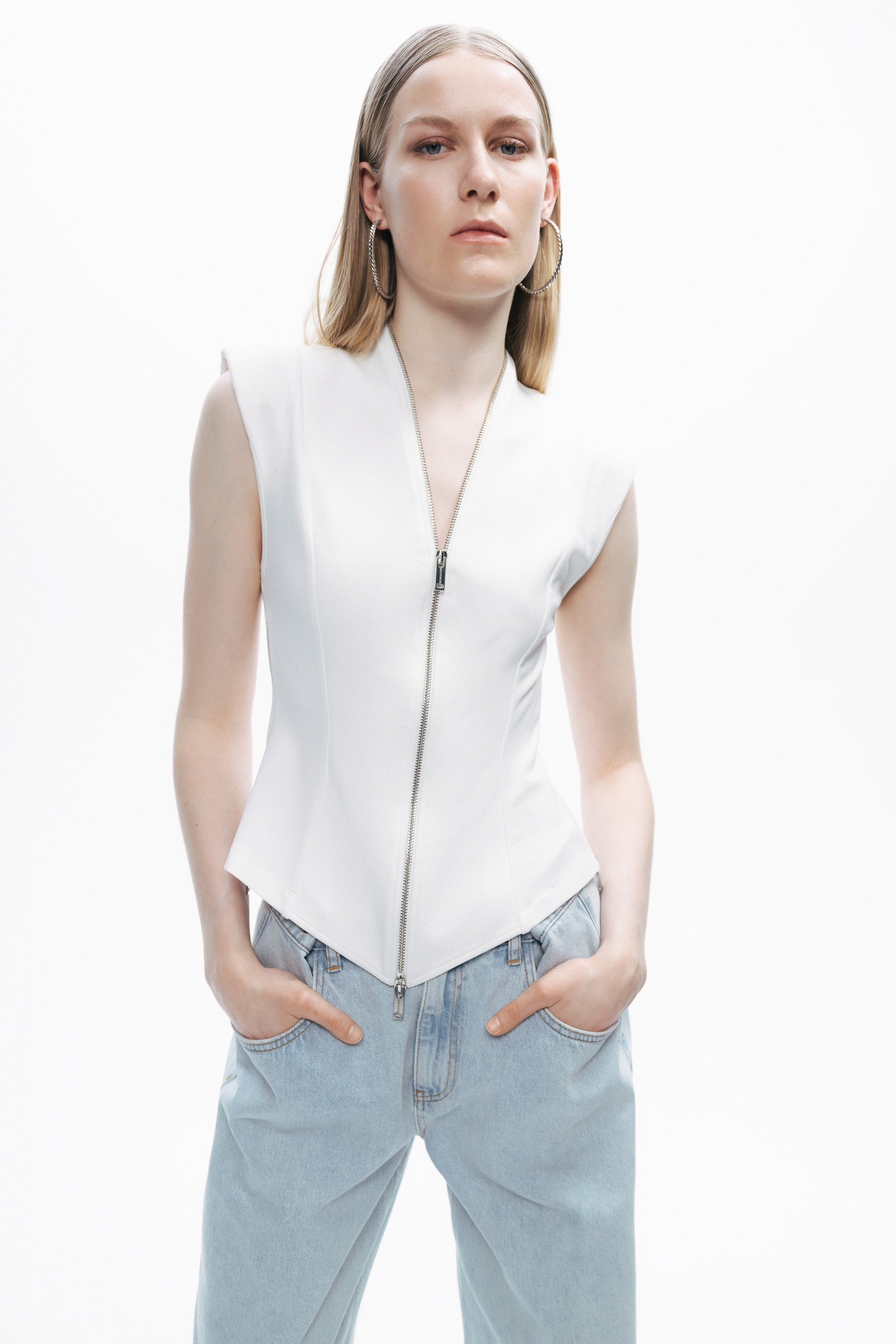 Ecru Zipper Design Woven Blouse